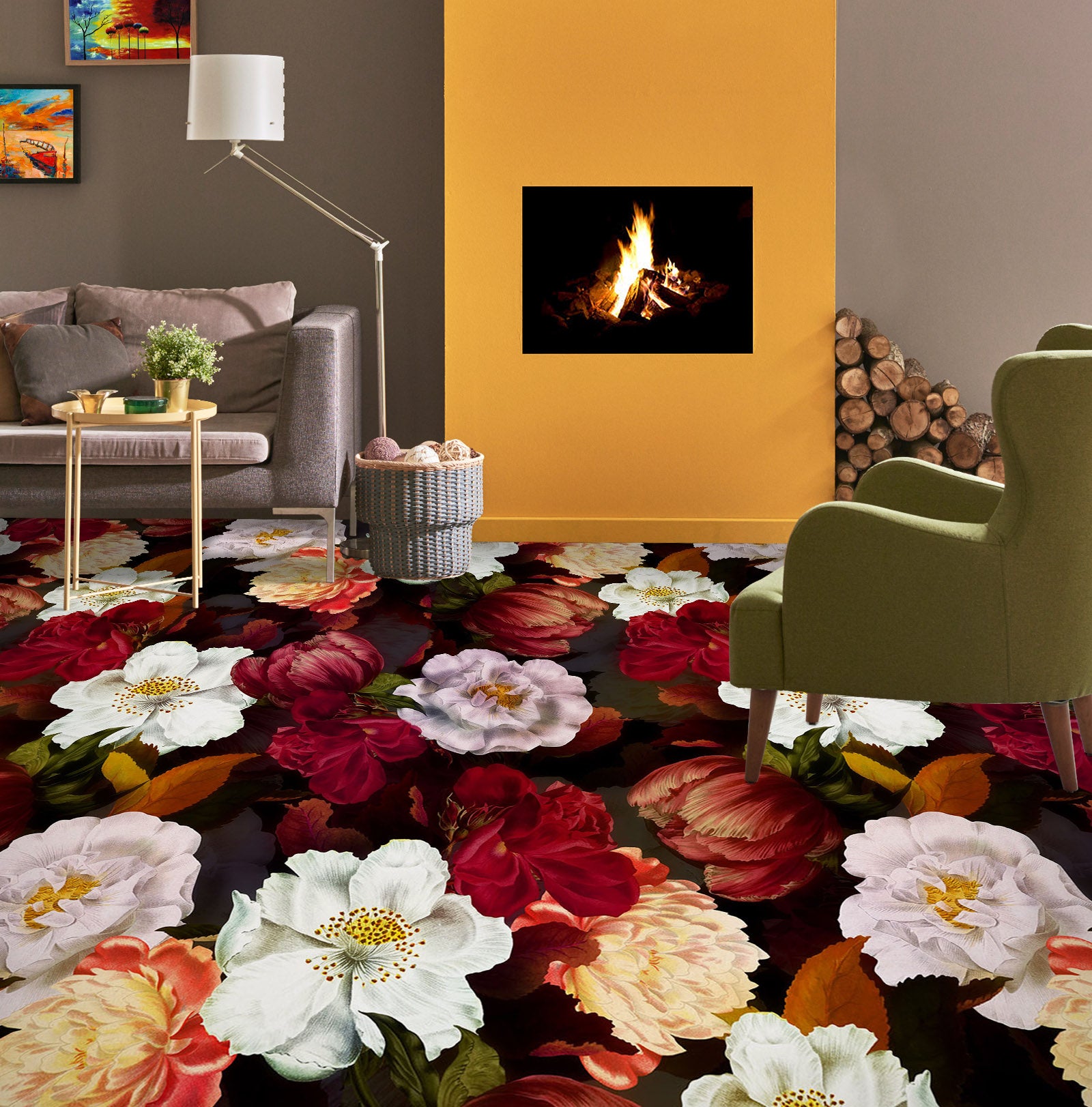 3D White Red Flower Clump 99228 Uta Naumann Floor Mural