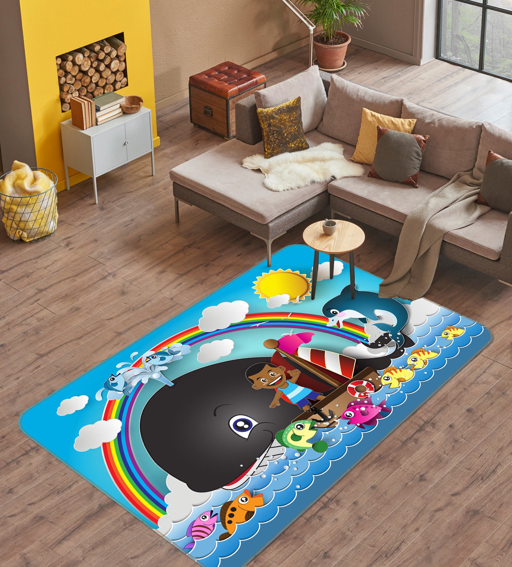 3D Cartoon Rainbow Whale 76283 Non Slip Rug Mat