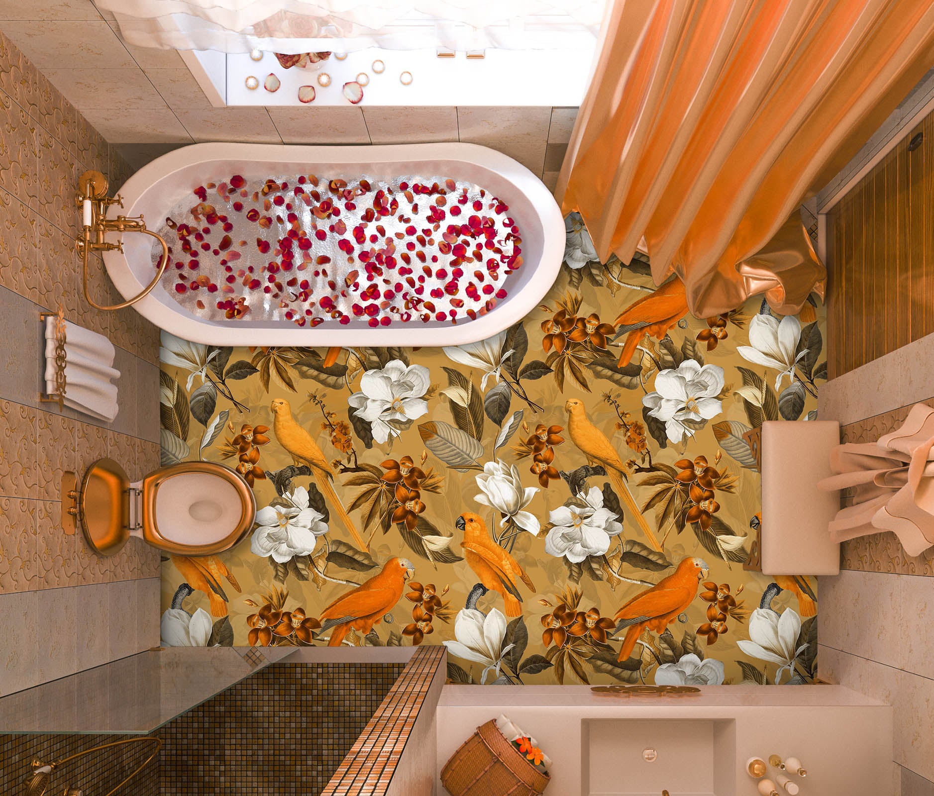 3D White Flowers Yellow Bird 10030 Uta Naumann Floor Mural