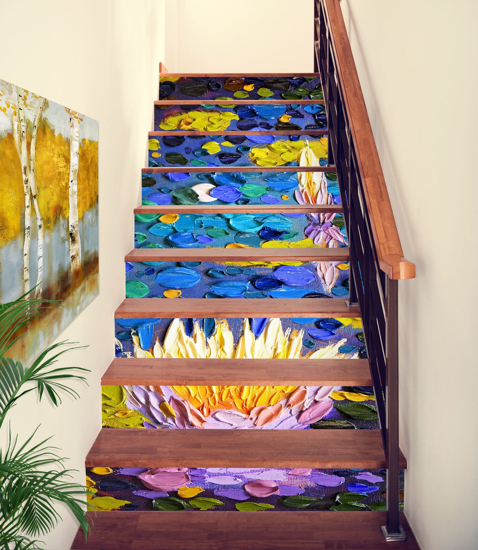 3D Purple Lotus Blue River Painting 96162 Dena Tollefson Stair Risers