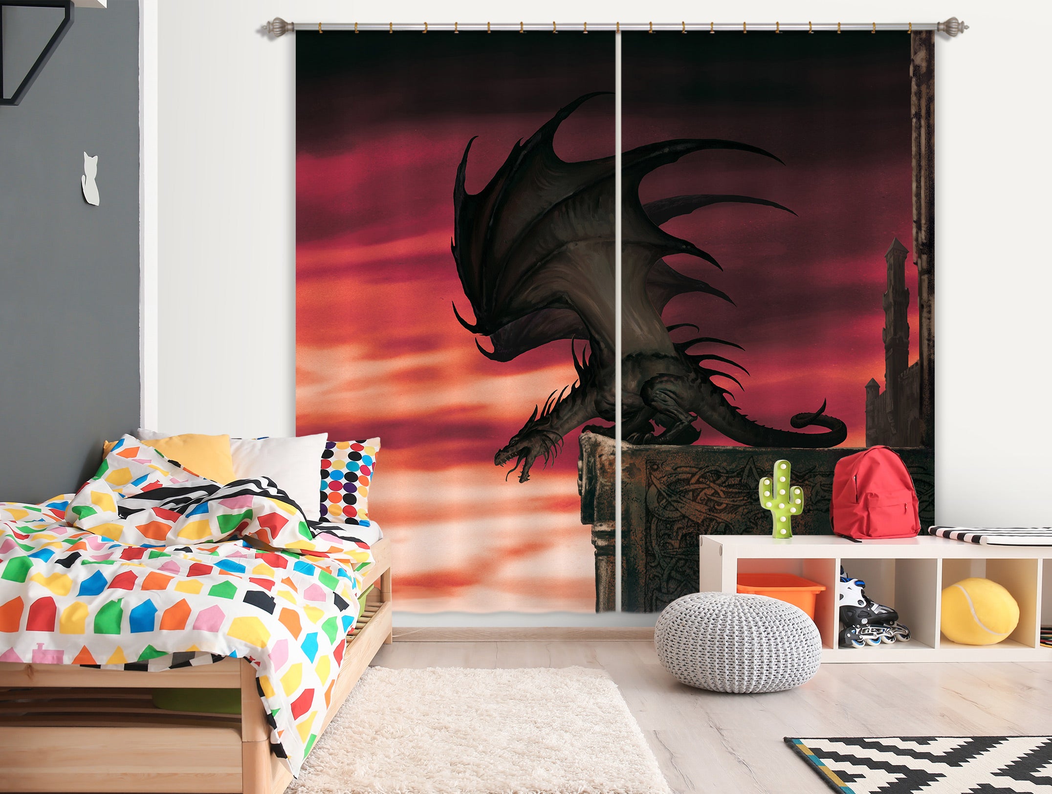 3D Red Sky Dragon 7229 Ciruelo Curtain Curtains Drapes