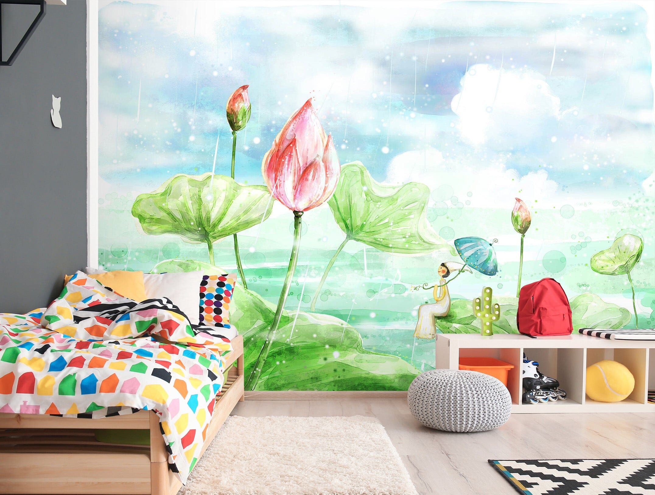 3D Green Lotus Watercolor 013 Wall Murals Wallpaper AJ Wallpaper 2