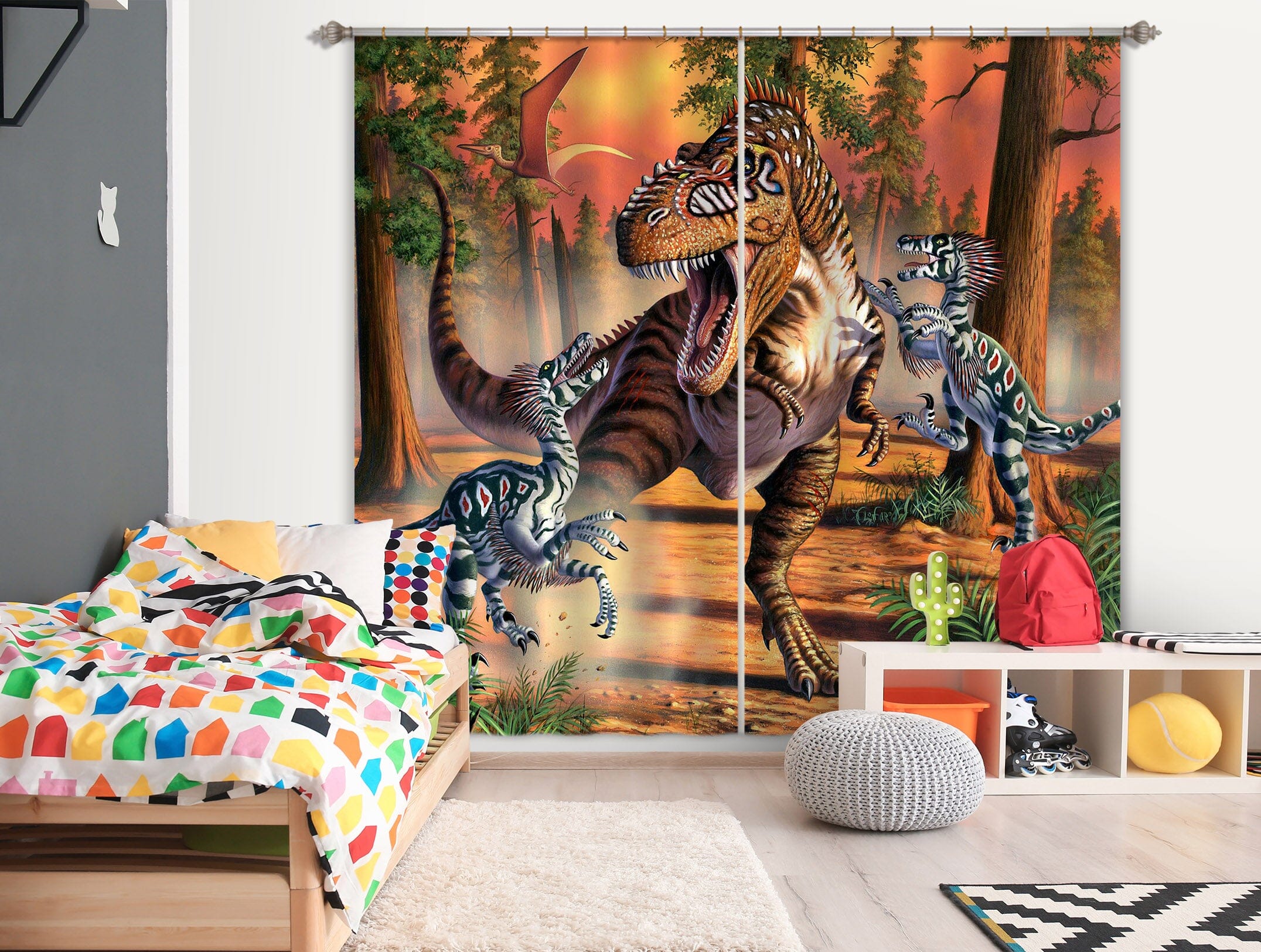 3D Dinosaur Fight 059 Jerry LoFaro Curtain Curtains Drapes Curtains AJ Creativity Home