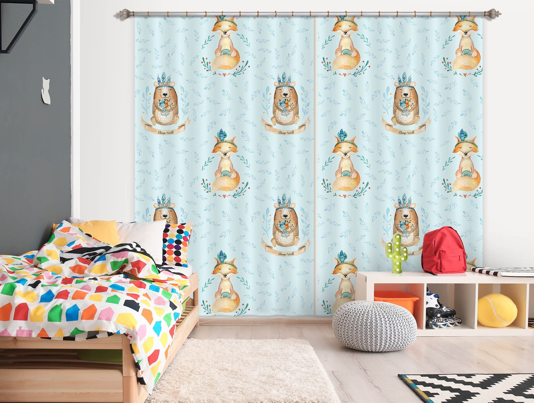 3D Bear Fox Flower 126 Uta Naumann Curtain Curtains Drapes Curtains AJ Creativity Home