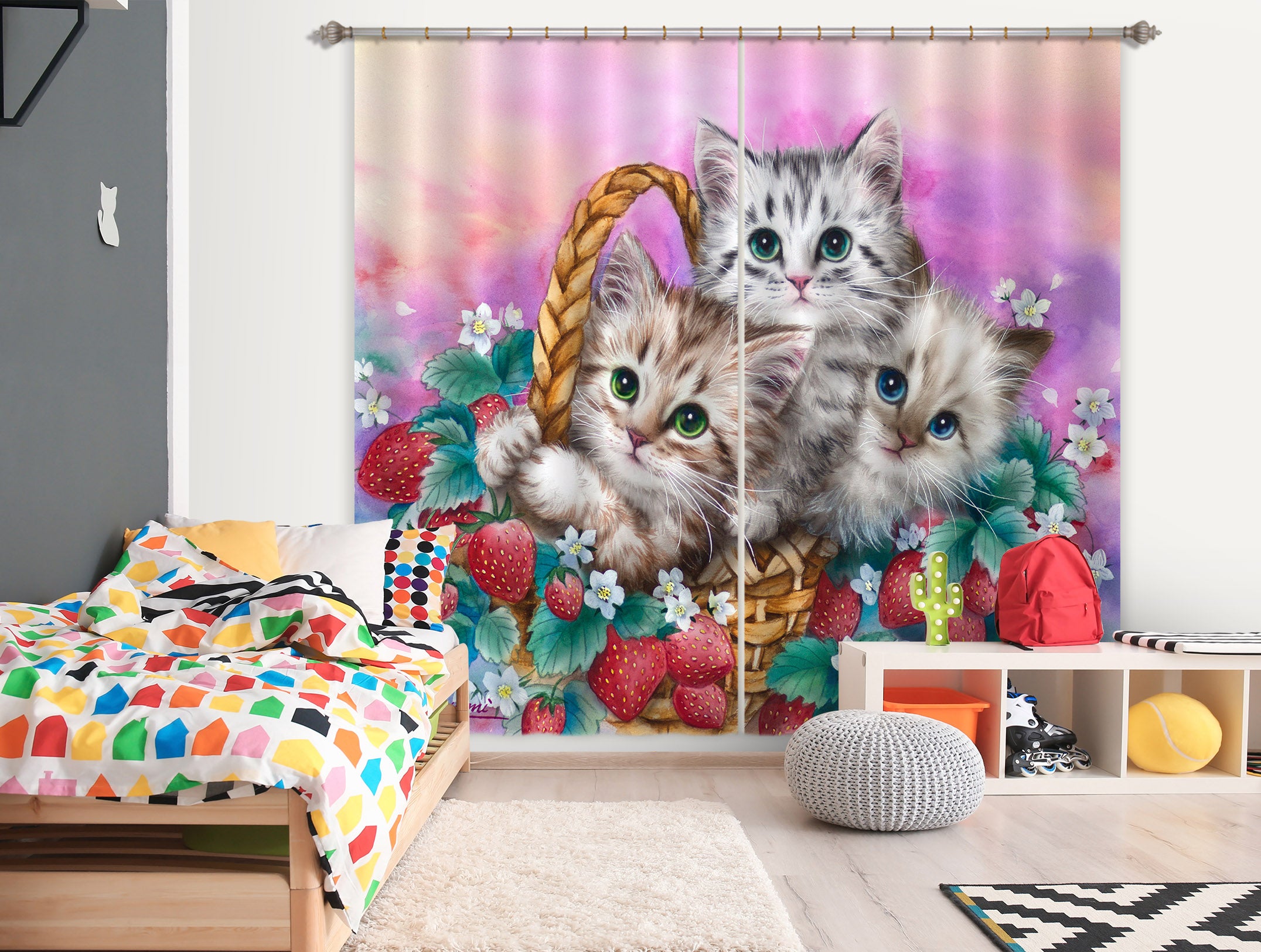 3D Strawberry Cat 9058 Kayomi Harai Curtain Curtains Drapes