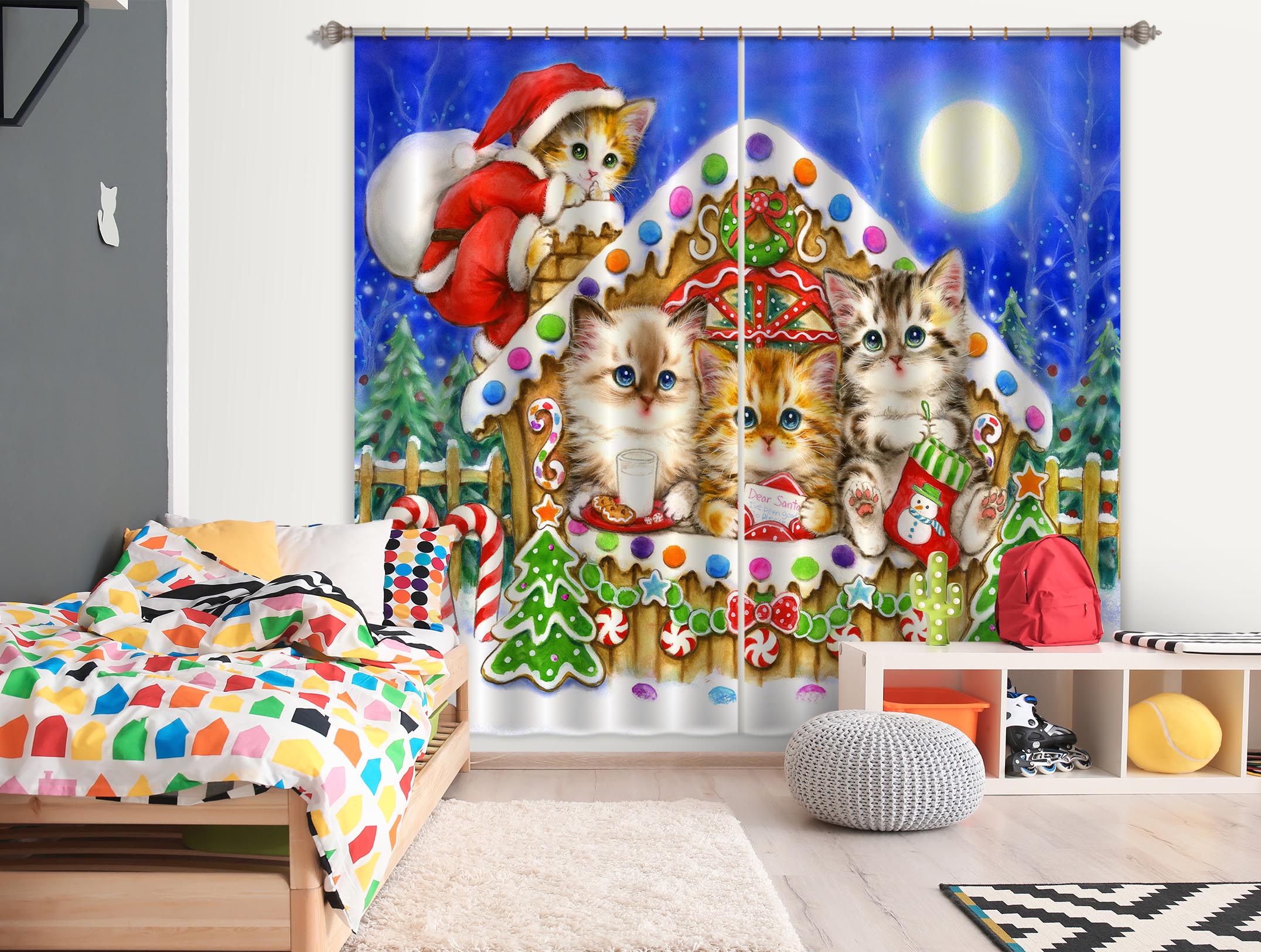 3D Christmas Cat House 9023 Kayomi Harai Curtain Curtains Drapes