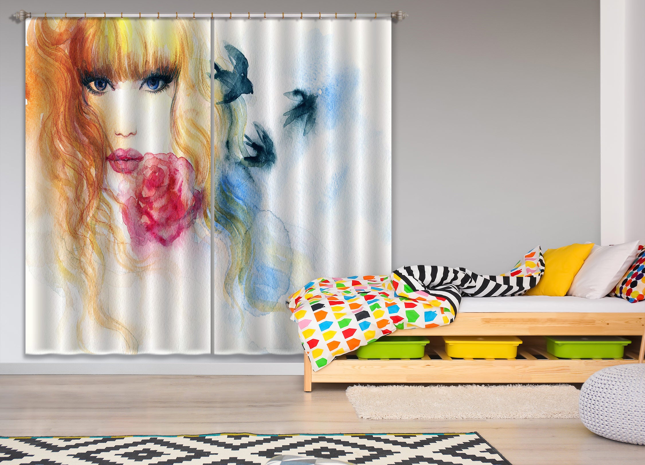 3D Rose Woman 010 Curtains Drapes