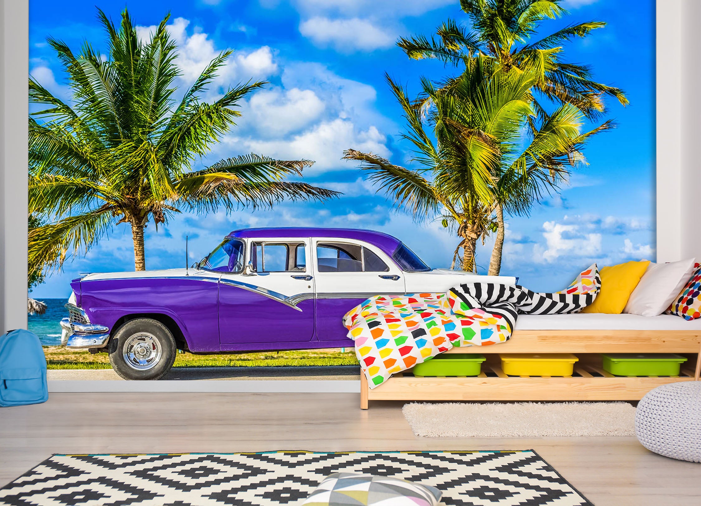 3D Beach Car Tree 385 Vehicle Wall Murals