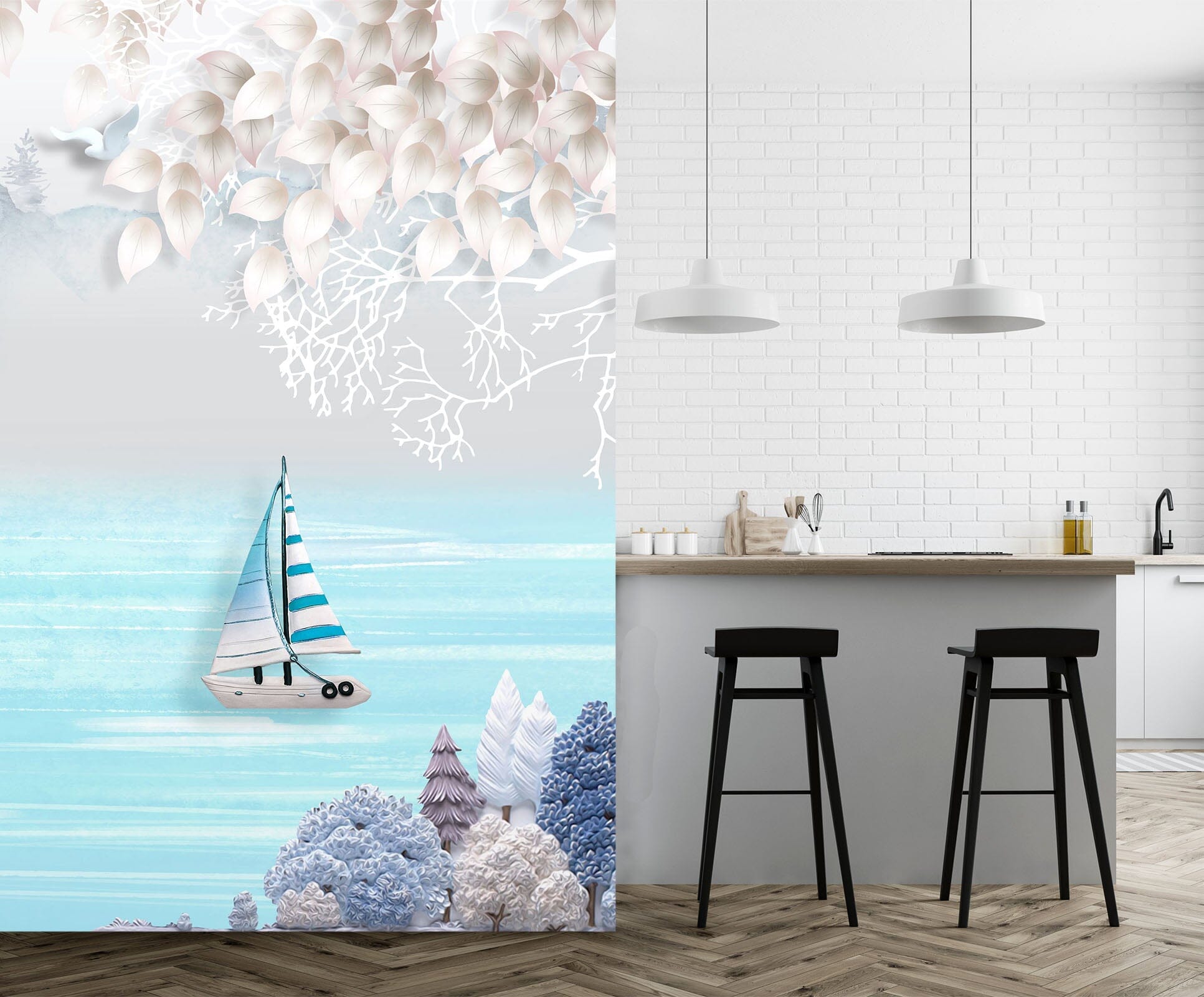 3D Blue Sea Sailing Boat 1826 Wall Murals Wallpaper AJ Wallpaper 2