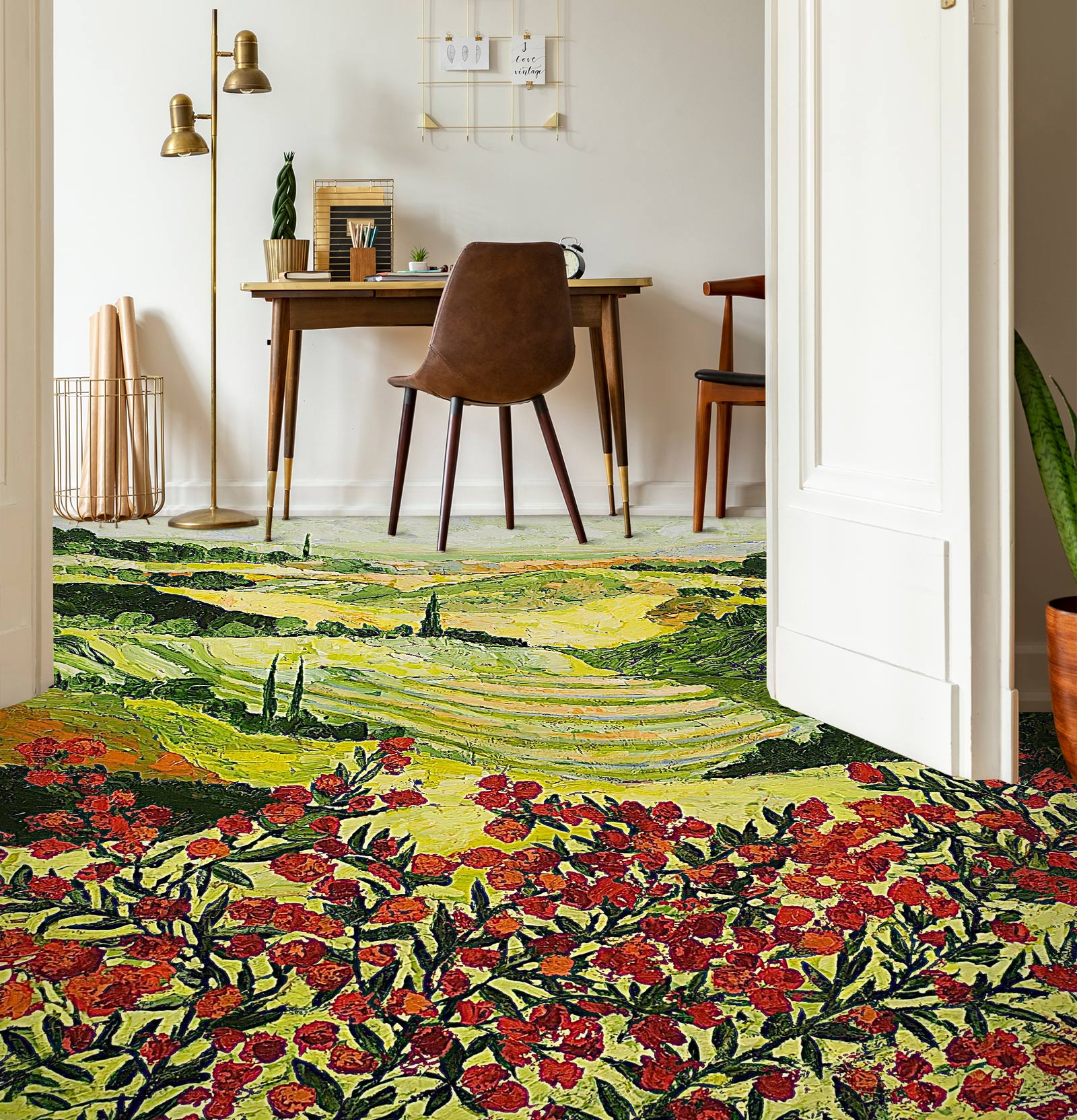 3D Red Flowers Lawn 9525 Allan P. Friedlander Floor Mural