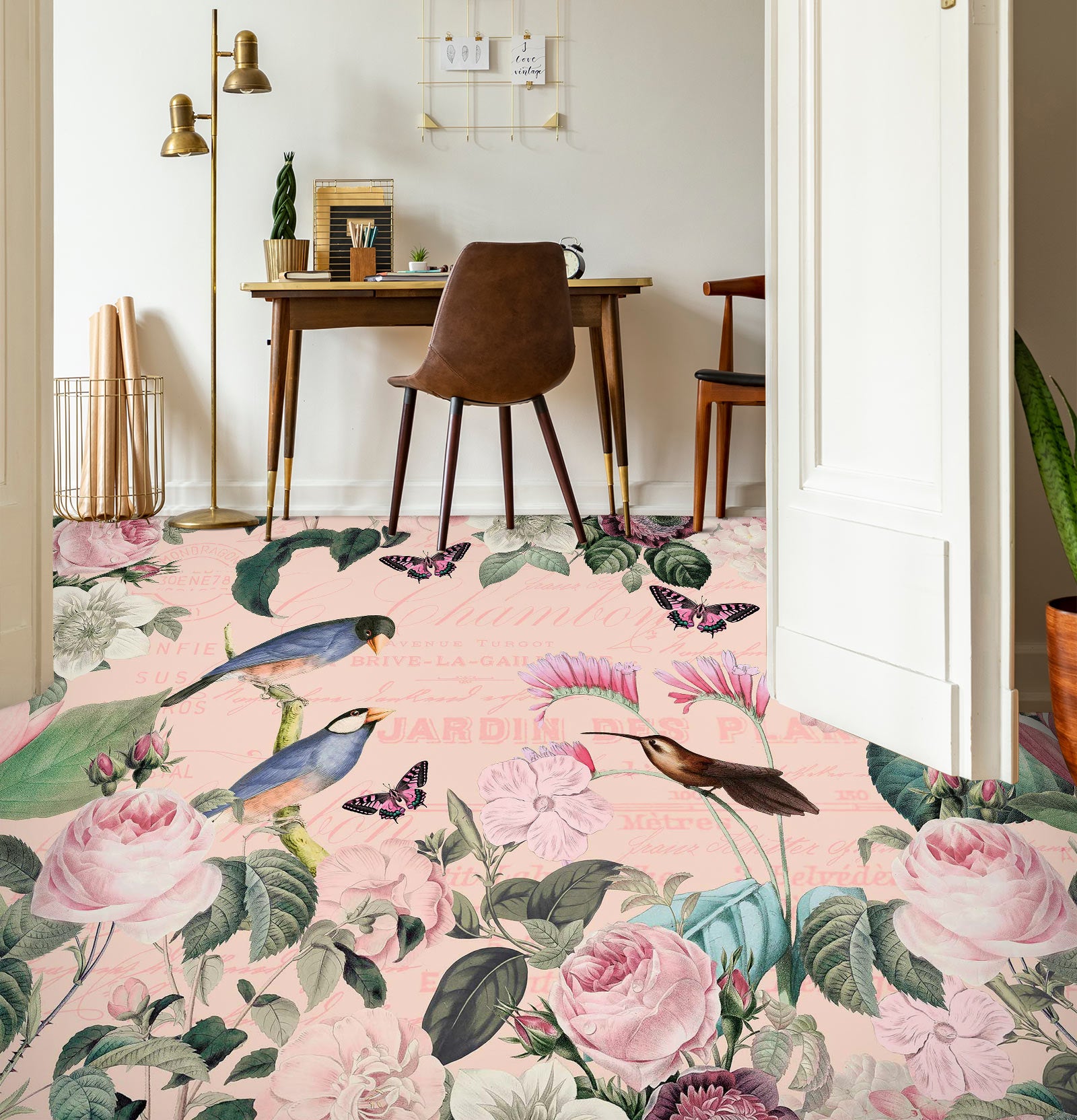 3D Pink Flower Bird Butterfly 10045 Andrea Haase Floor Mural