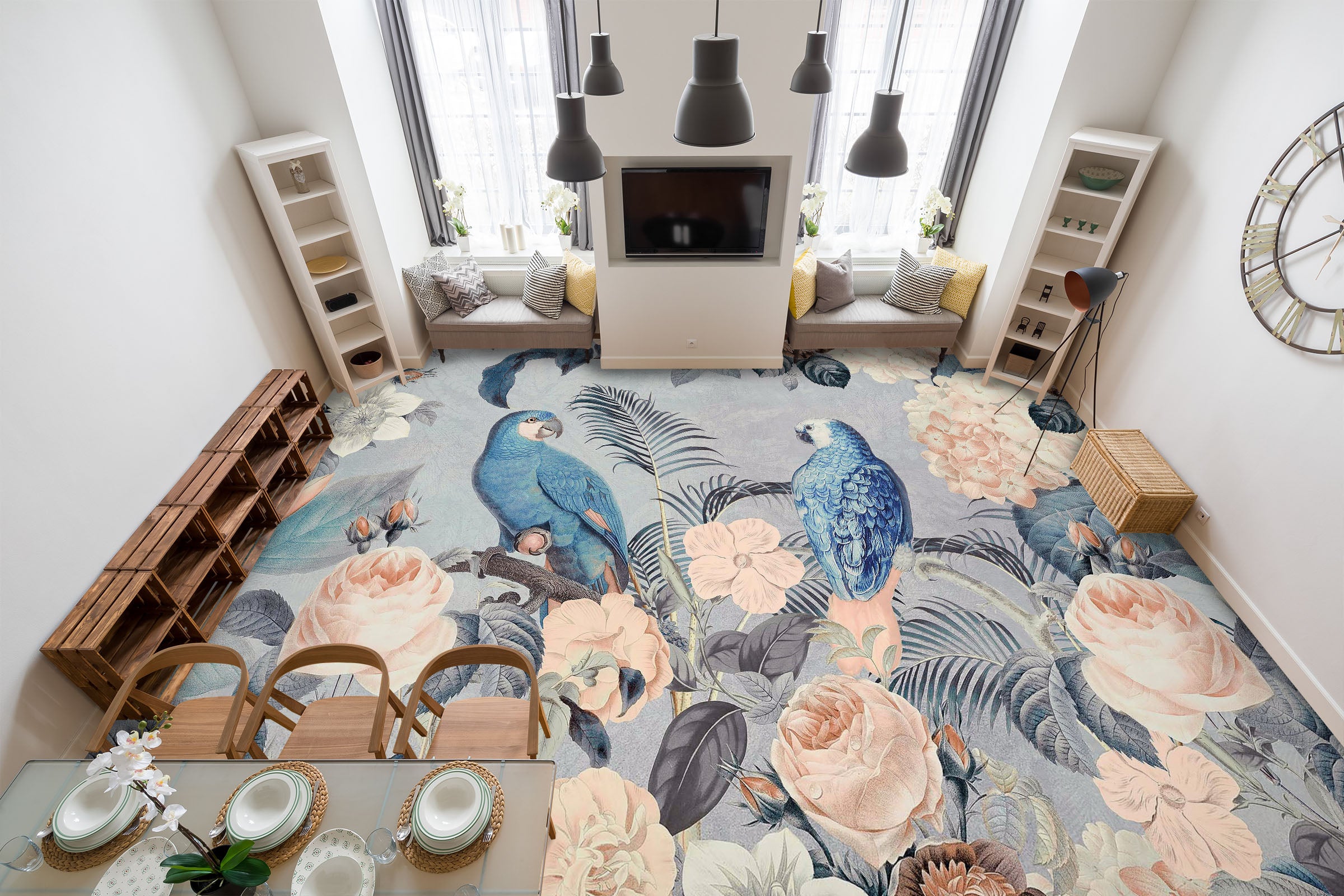 3D Blue Parrot Flower Bush 104159 Andrea Haase Floor Mural