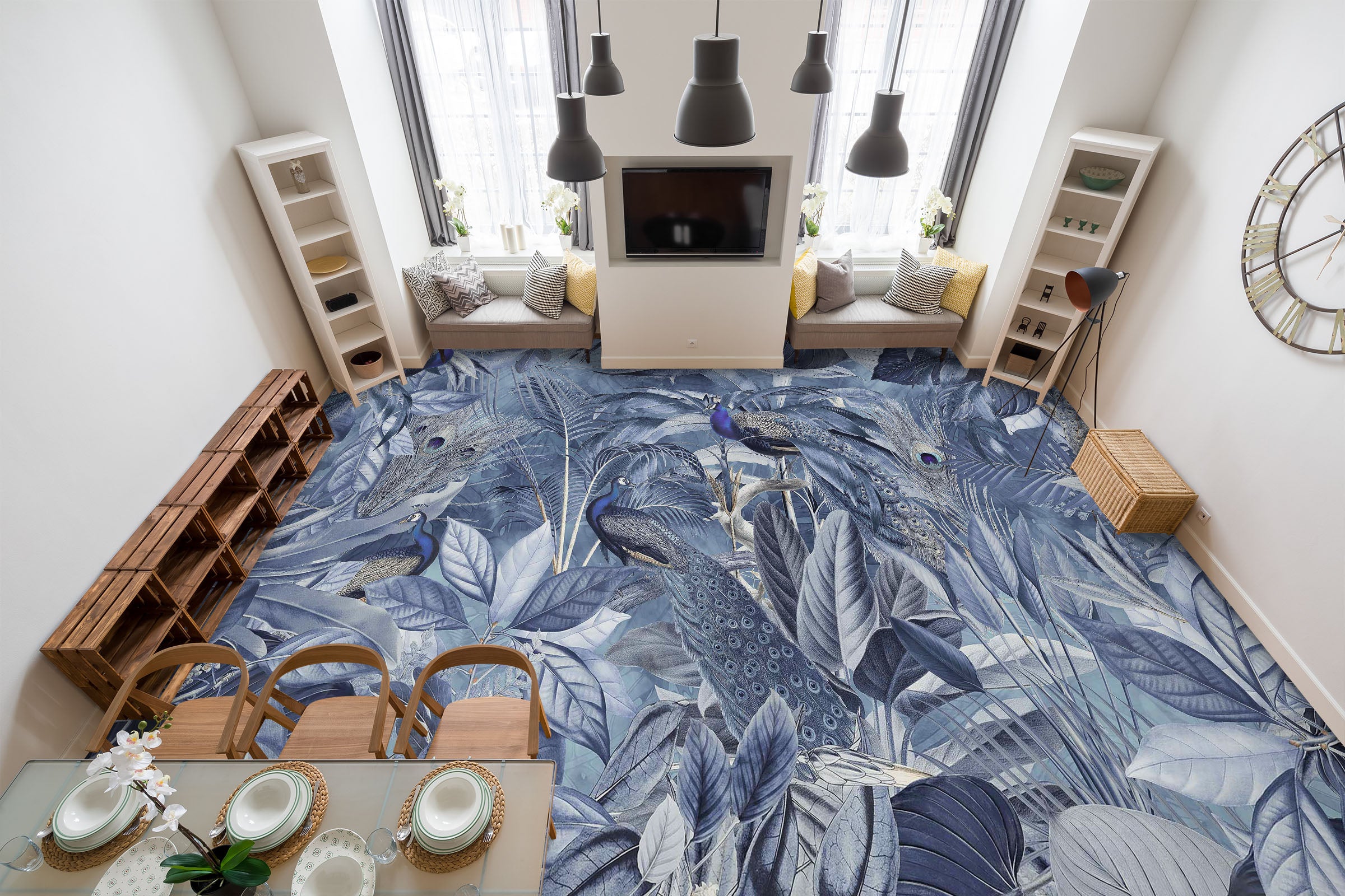 3D Blue Peacock Leaves Grove 10036 Andrea Haase Floor Mural