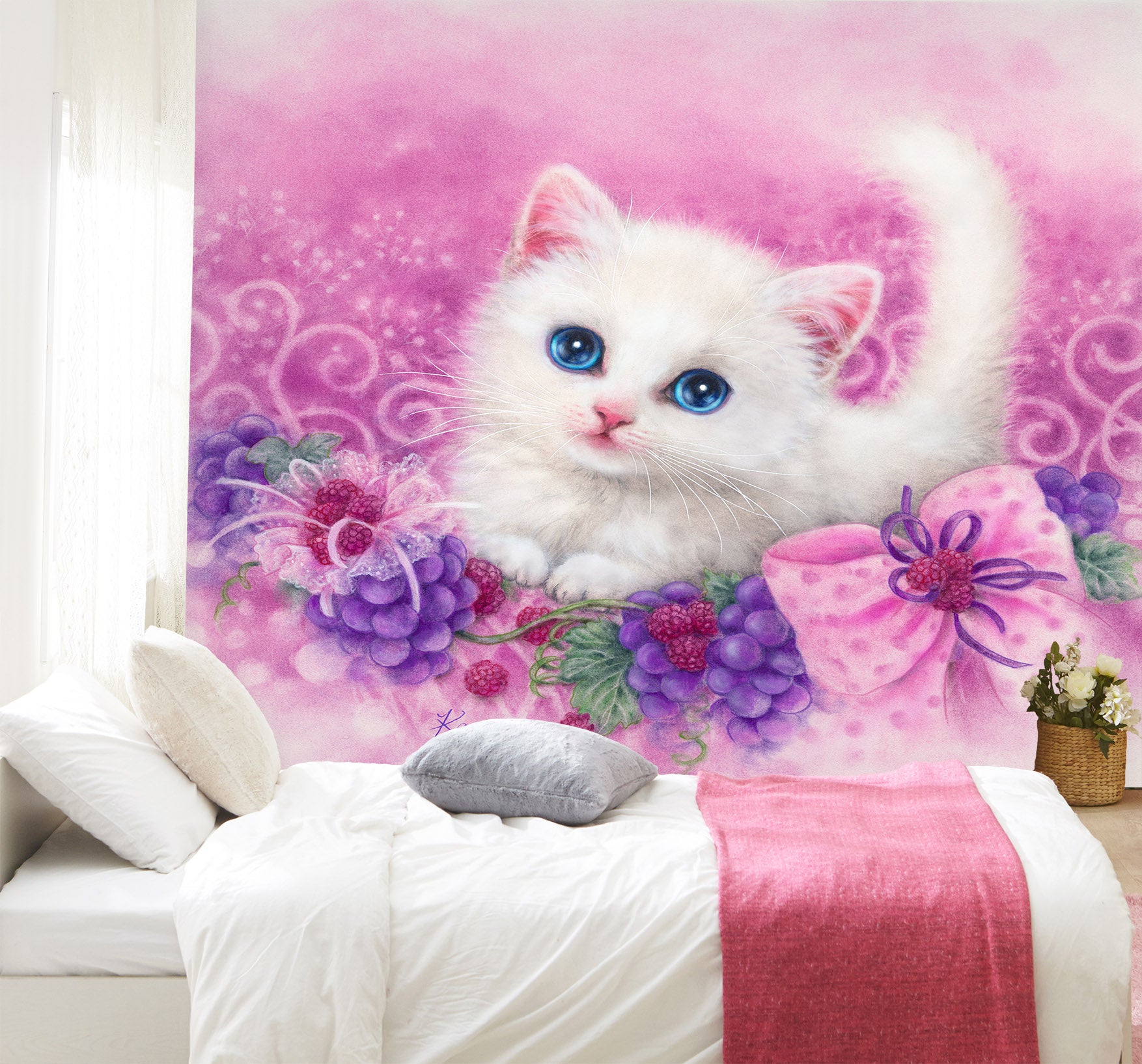 3D Grape White Cat 5438 Kayomi Harai Wall Mural Wall Murals
