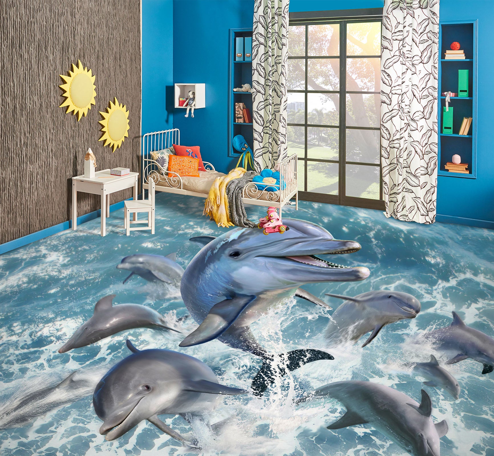 3D Dolphin Jumping Waves 96218 Jerry LoFaro Floor Mural