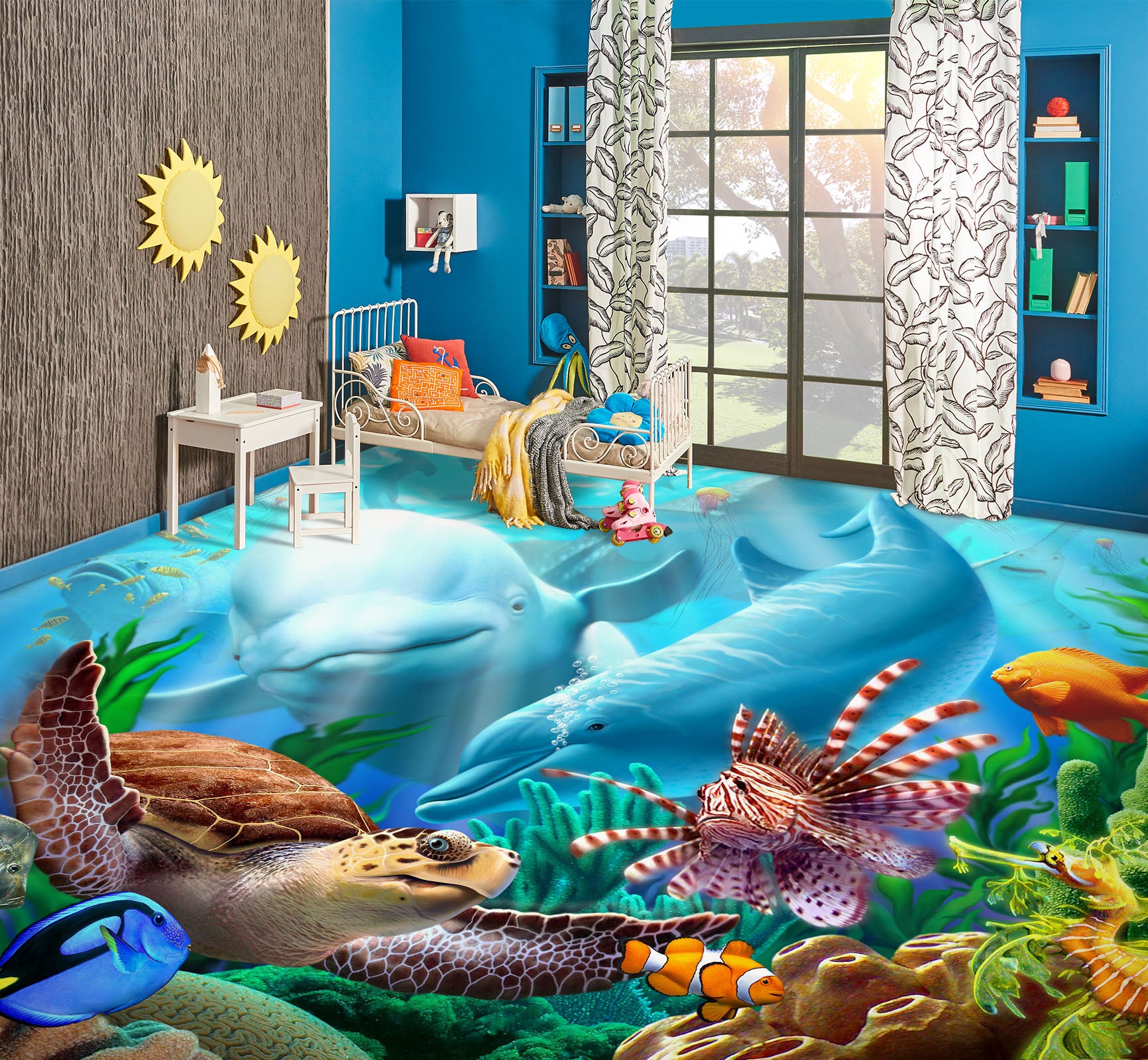 3D Ocean Dolphin Turtle Fish  96222 Jerry LoFaro Floor Mural