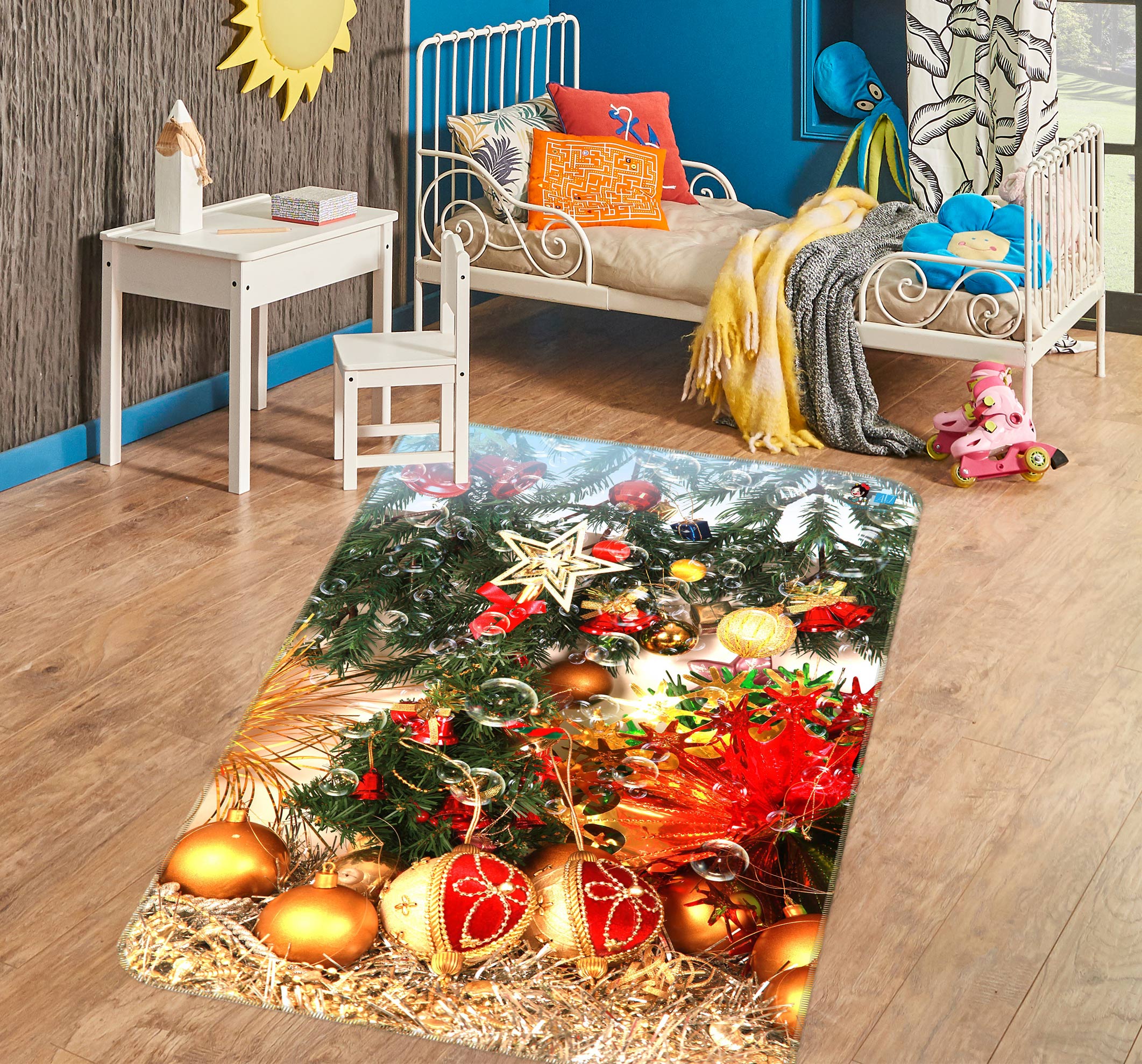 3D Golden Ball Pendant 55039 Christmas Non Slip Rug Mat Xmas