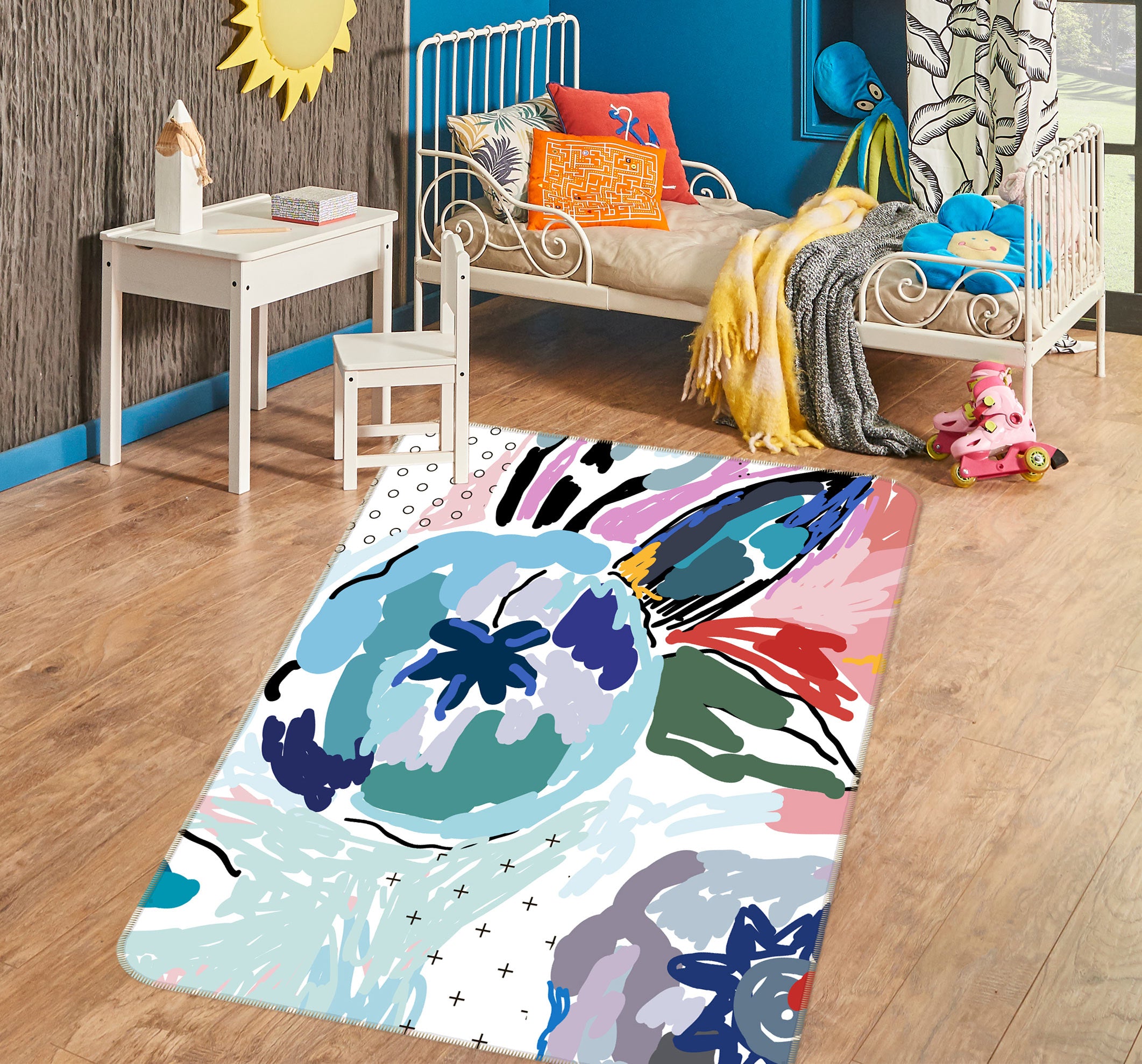 3D Pink Blue Flower 33087 Non Slip Rug Mat