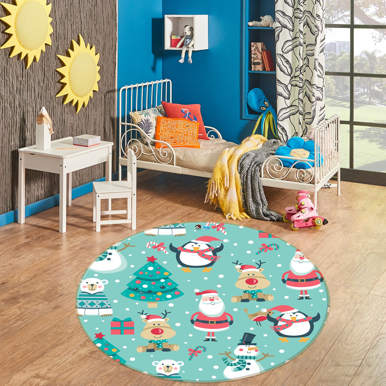 3D Santa Deer Tree 54069 Christmas Round Non Slip Rug Mat Xmas