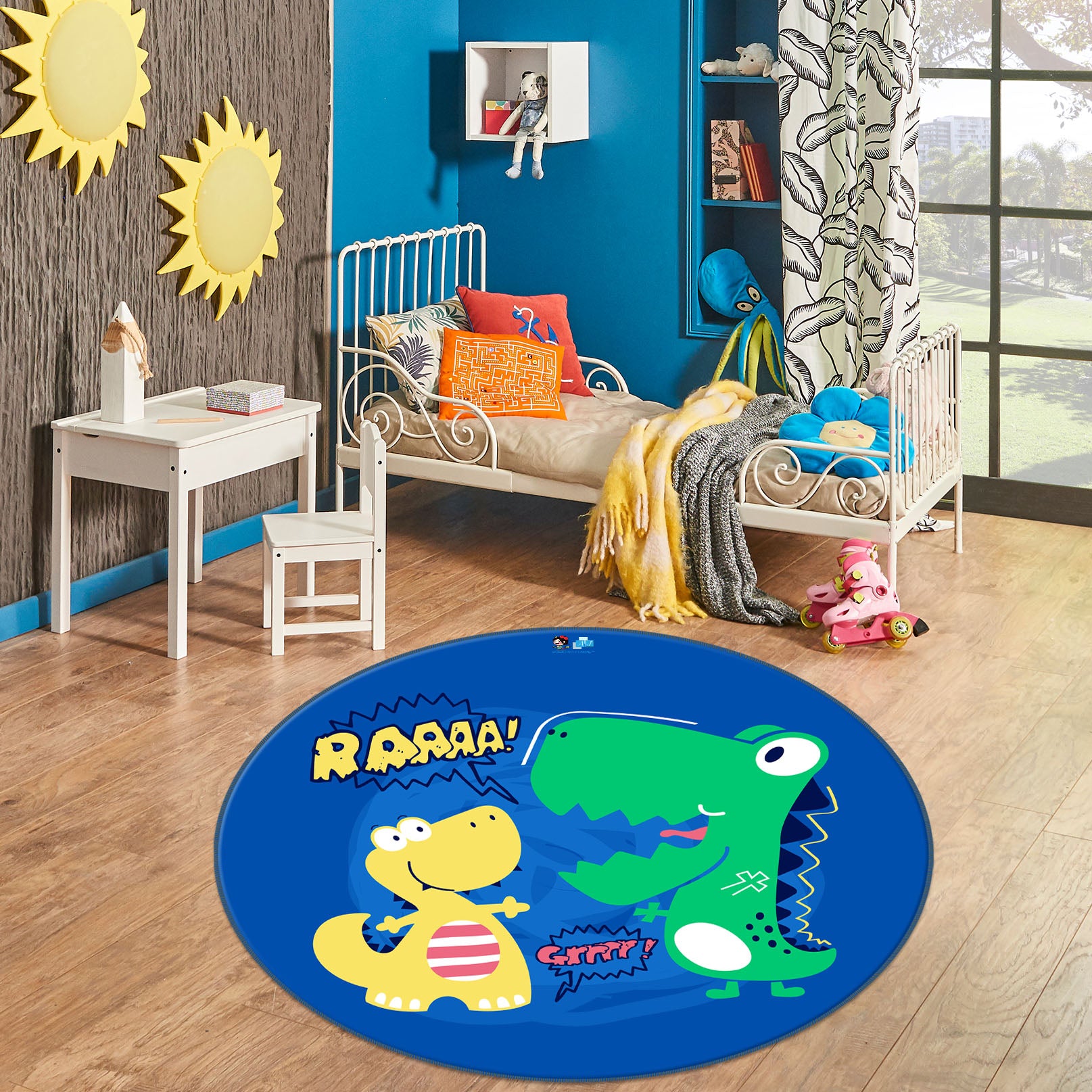 3D Yellow-Green Dinosaur 74281 Round Non Slip Rug Mat