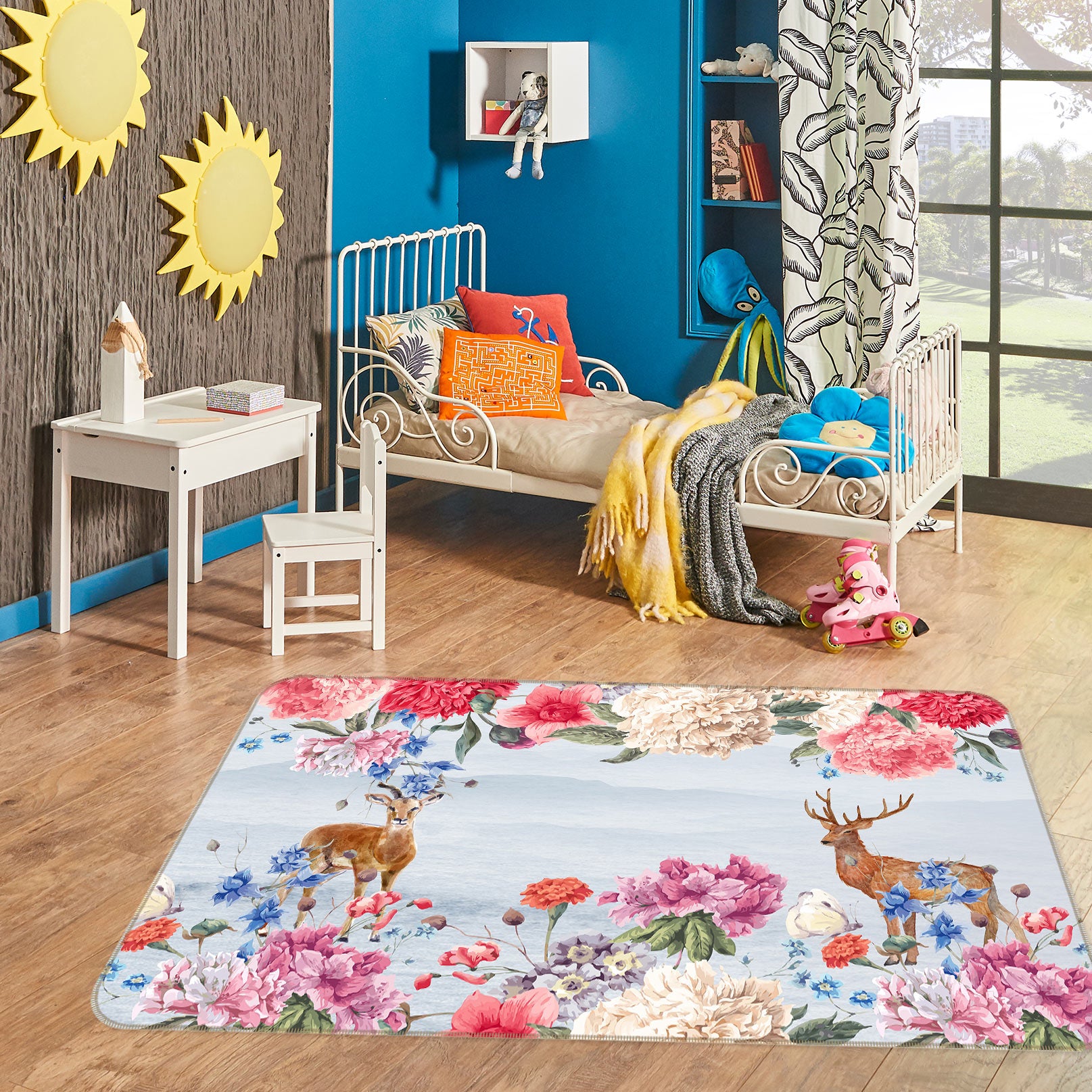 3D Flowers Deer 77073 Non Slip Rug Mat
