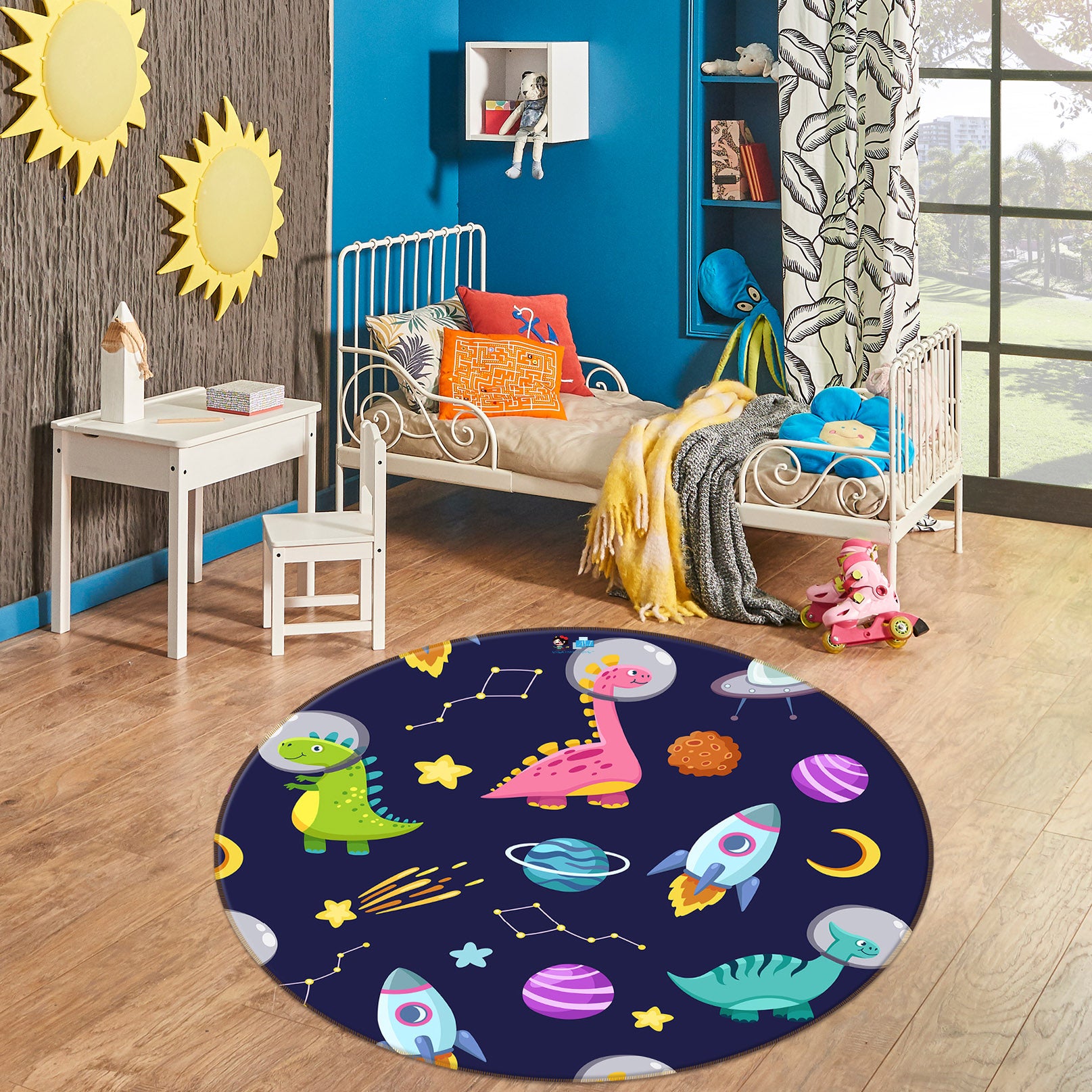 3D Planet Dinosaur Rocket 75036 Round Non Slip Rug Mat