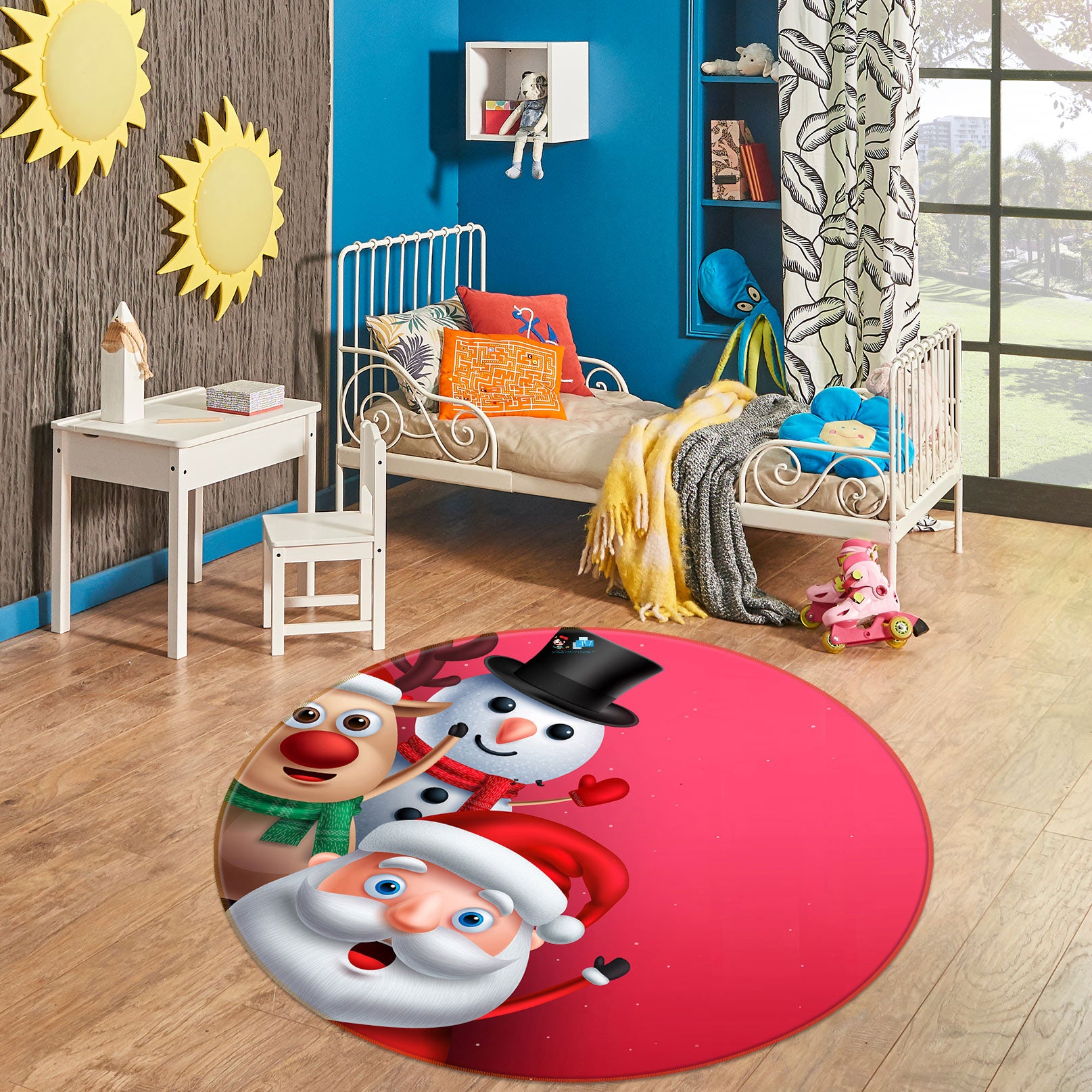 3D Santa Snowman 54065 Christmas Round Non Slip Rug Mat Xmas