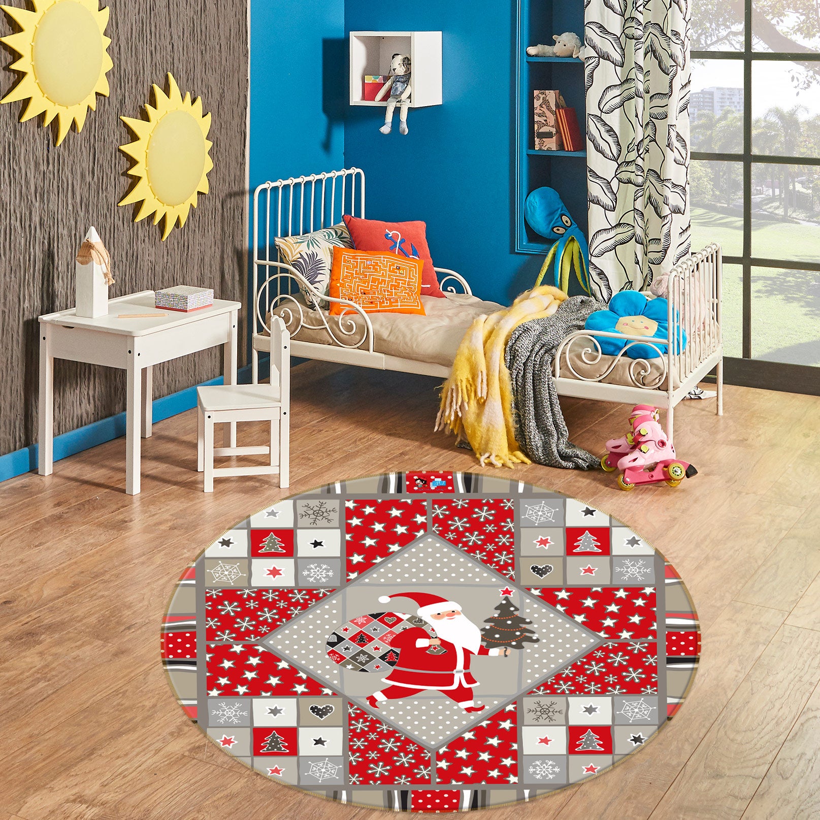 3D Santa Claus Pattern 54089 Christmas Round Non Slip Rug Mat Xmas