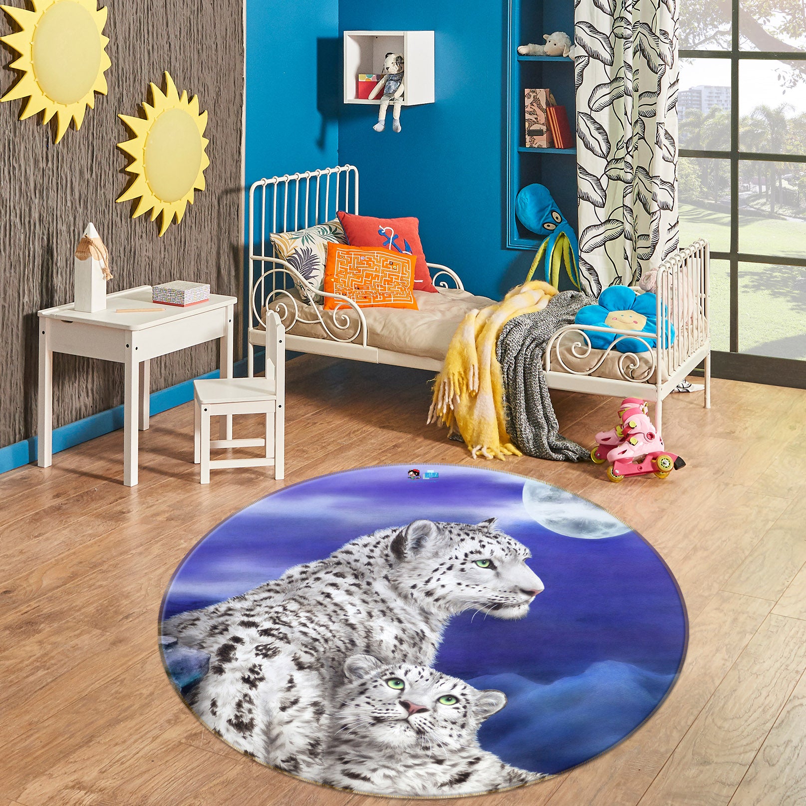 3D White Tiger Moon 6045 Kayomi Harai Rug Round Non Slip Rug Mat