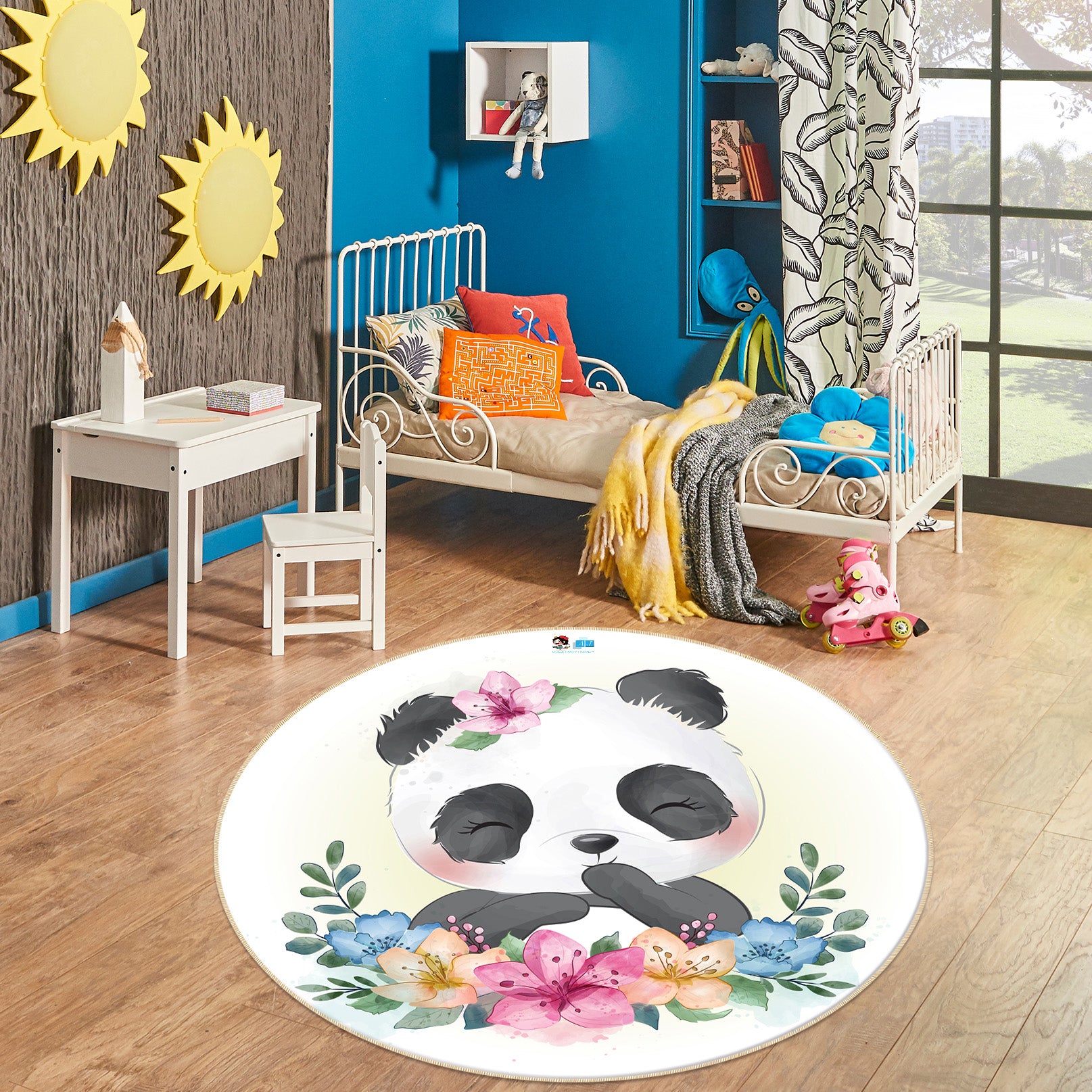 3D Panda Flower 74215 Round Non Slip Rug Mat