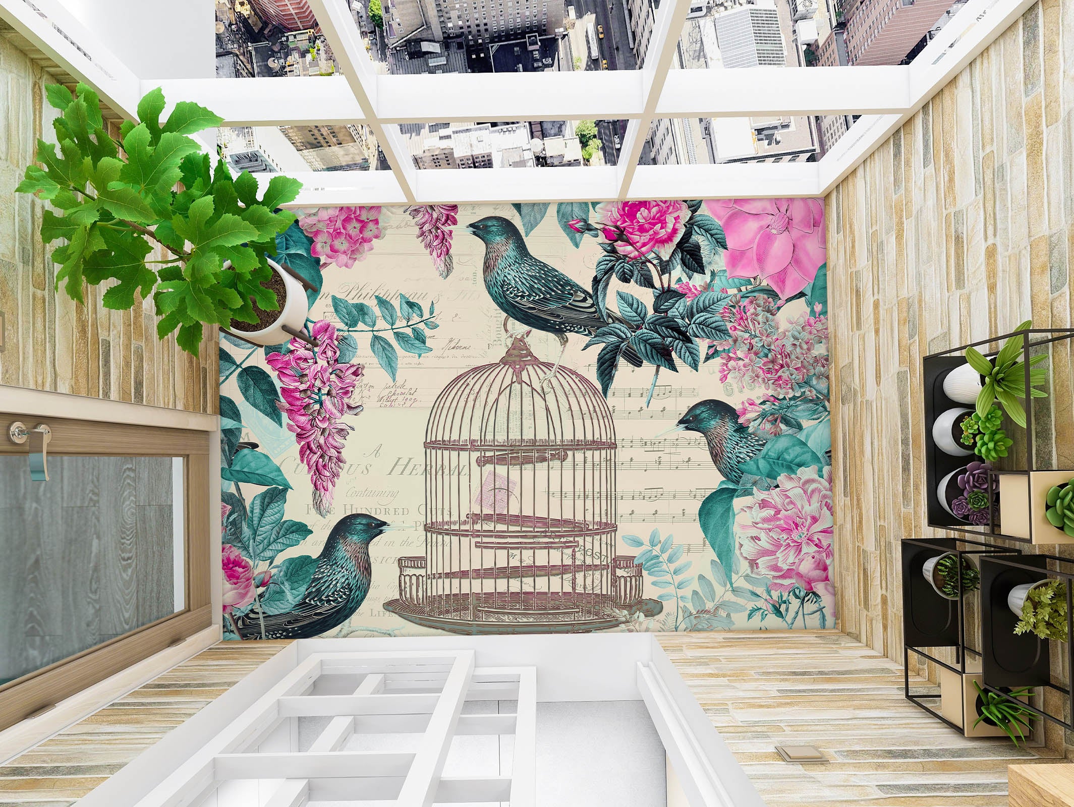 3D Birdcage Bird Flower Bush 140133 Andrea Haase Floor Mural