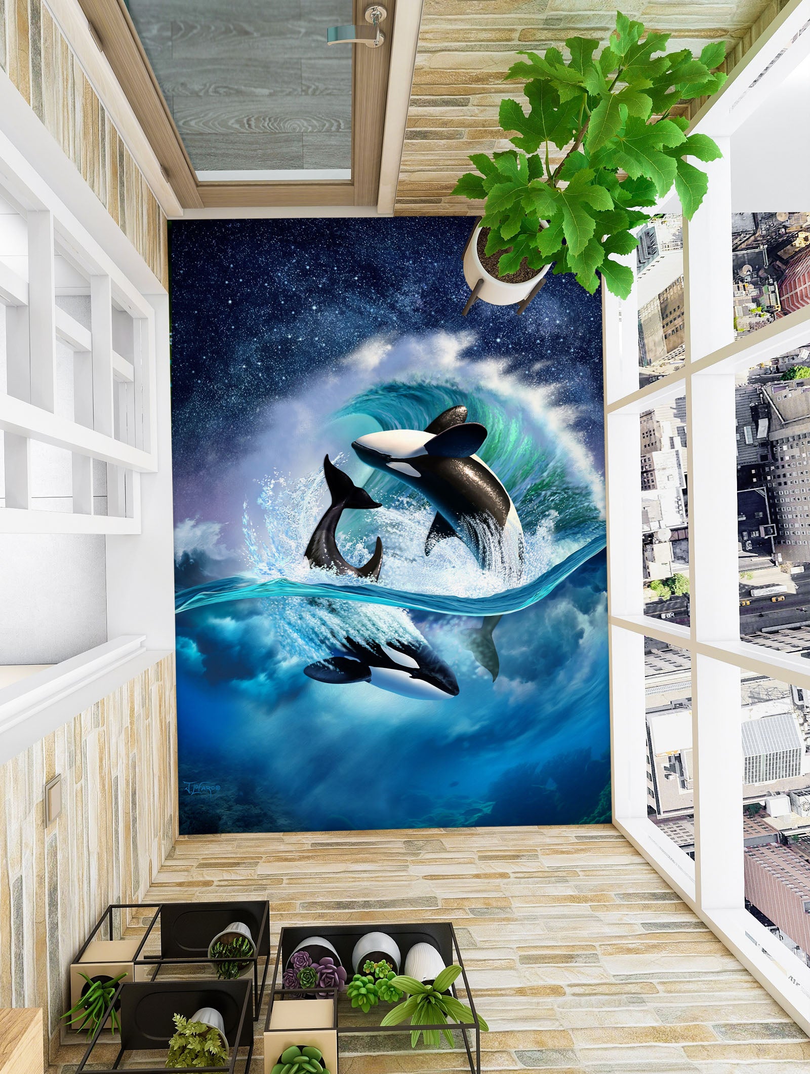 3D Whale Waves 96223 Jerry LoFaro Floor Mural