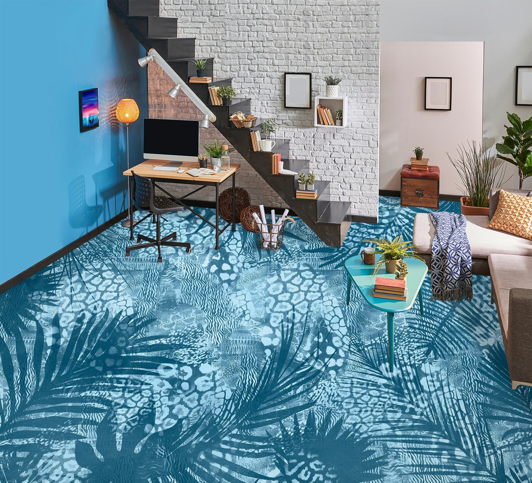 3D Blue Leaves Pattern 102118 Andrea Haase Floor Mural