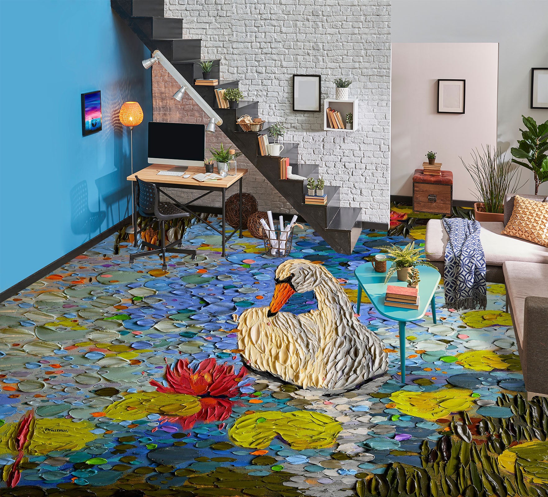 3D Swan Lotus Lake 102168 Dena Tollefson Floor Mural