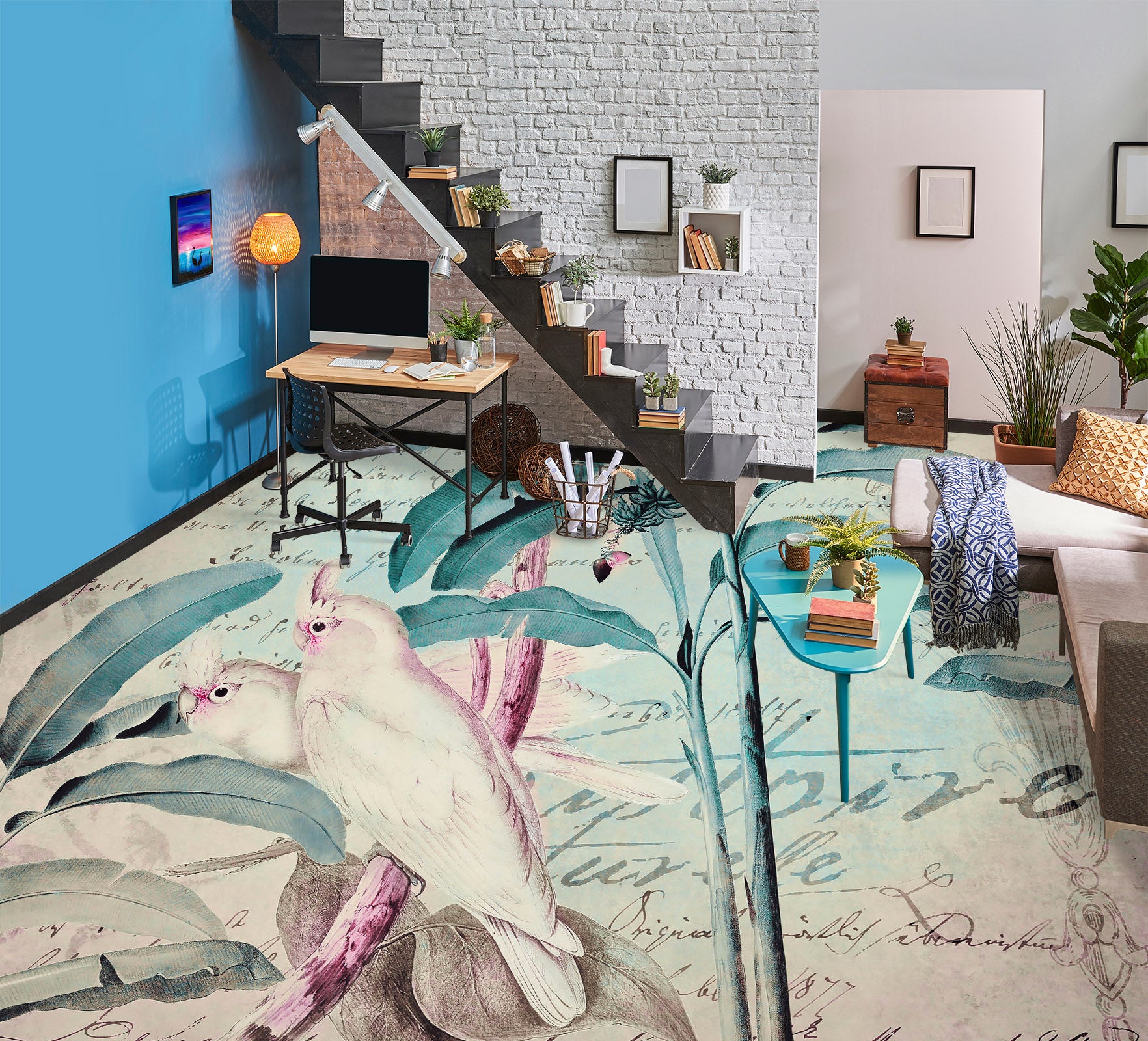 3D Leaves White Parrot 104162 Andrea Haase Floor Mural