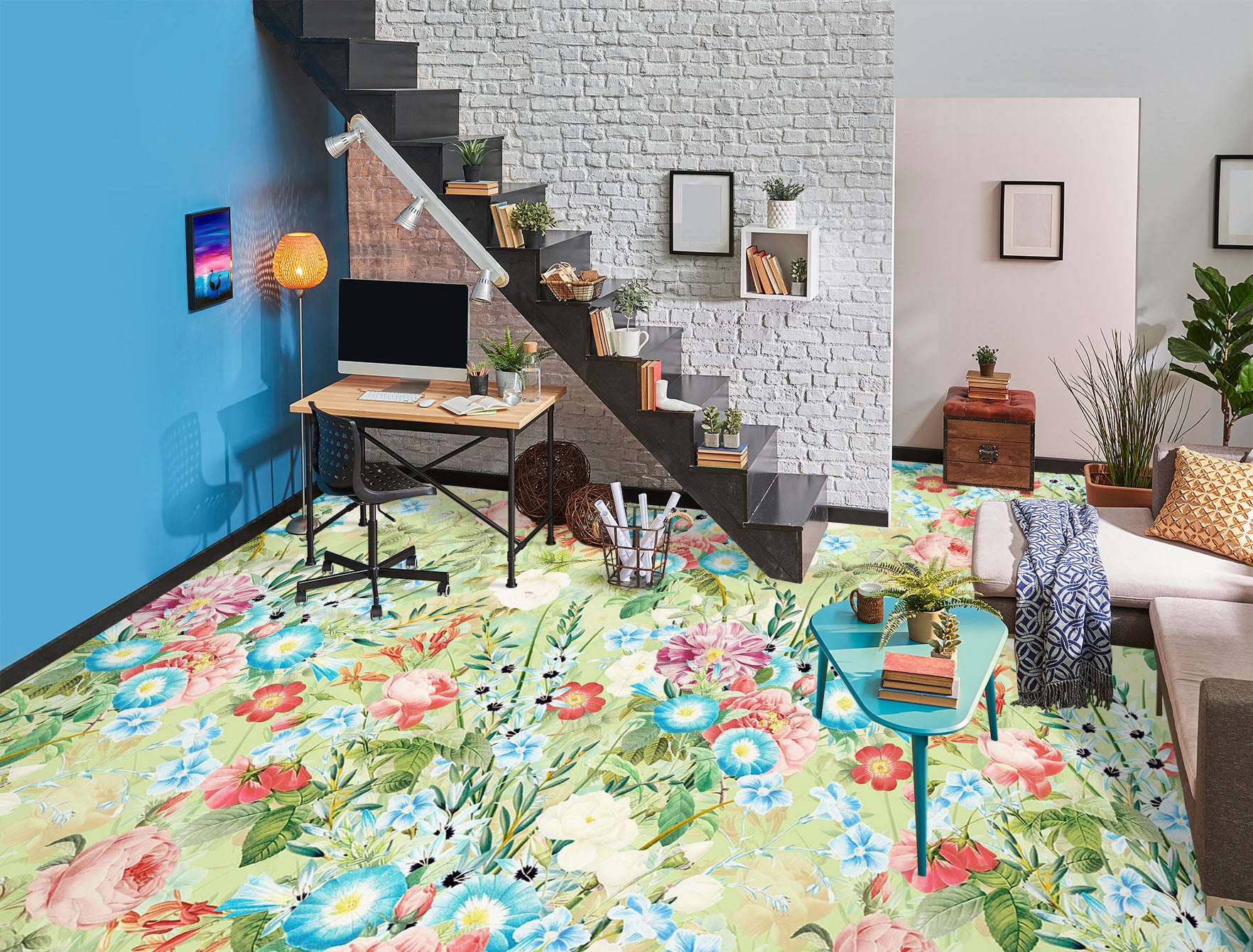 3D Red Blue Flowers 99223 Uta Naumann Floor Mural