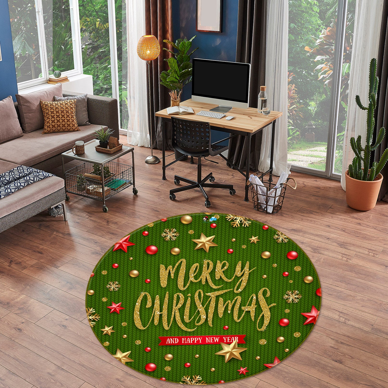 3D Green Yellow Star 54167 Christmas Round Non Slip Rug Mat Xmas