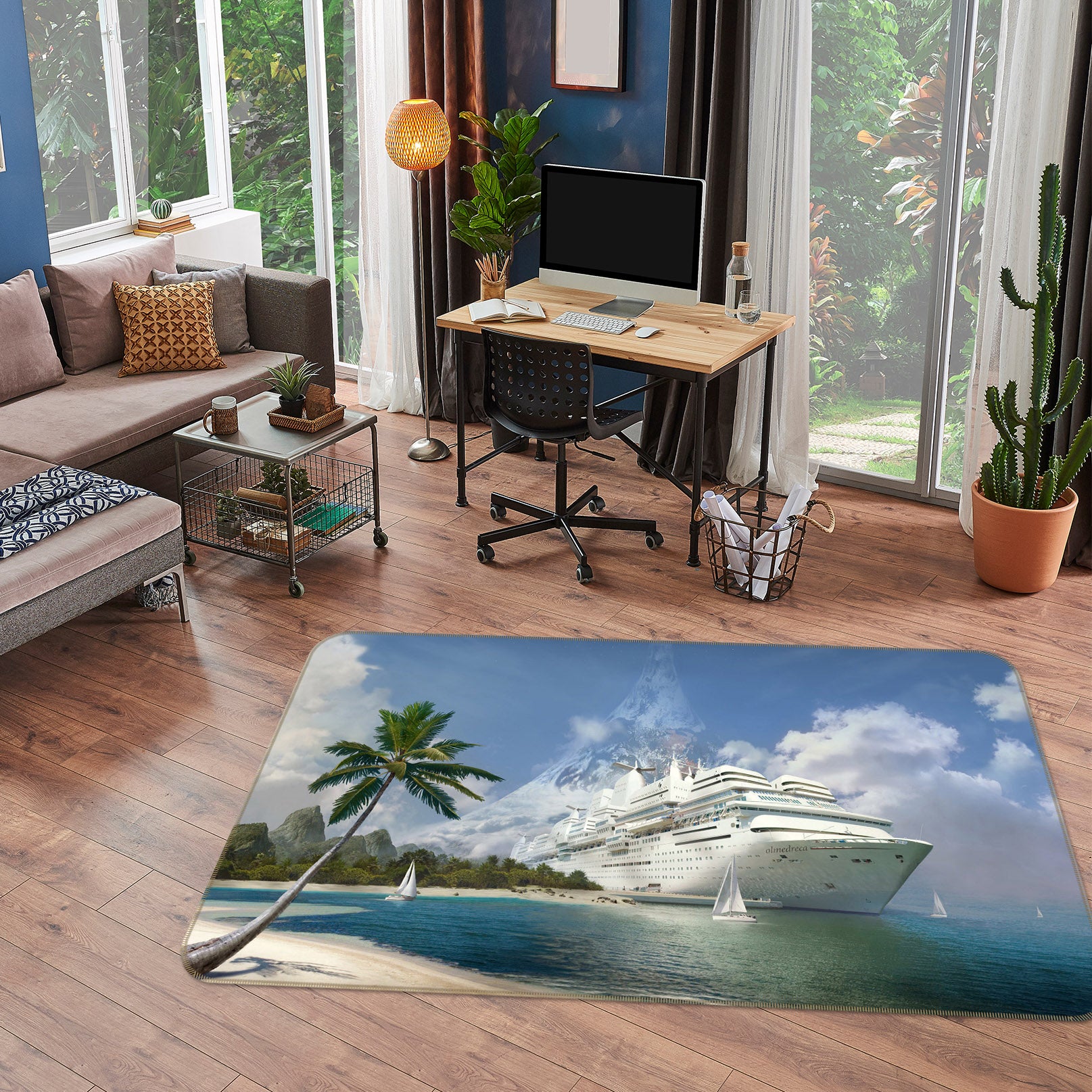 3D Seaside Coconut Tree Steamship 68079 Vehicle Non Slip Rug Mat