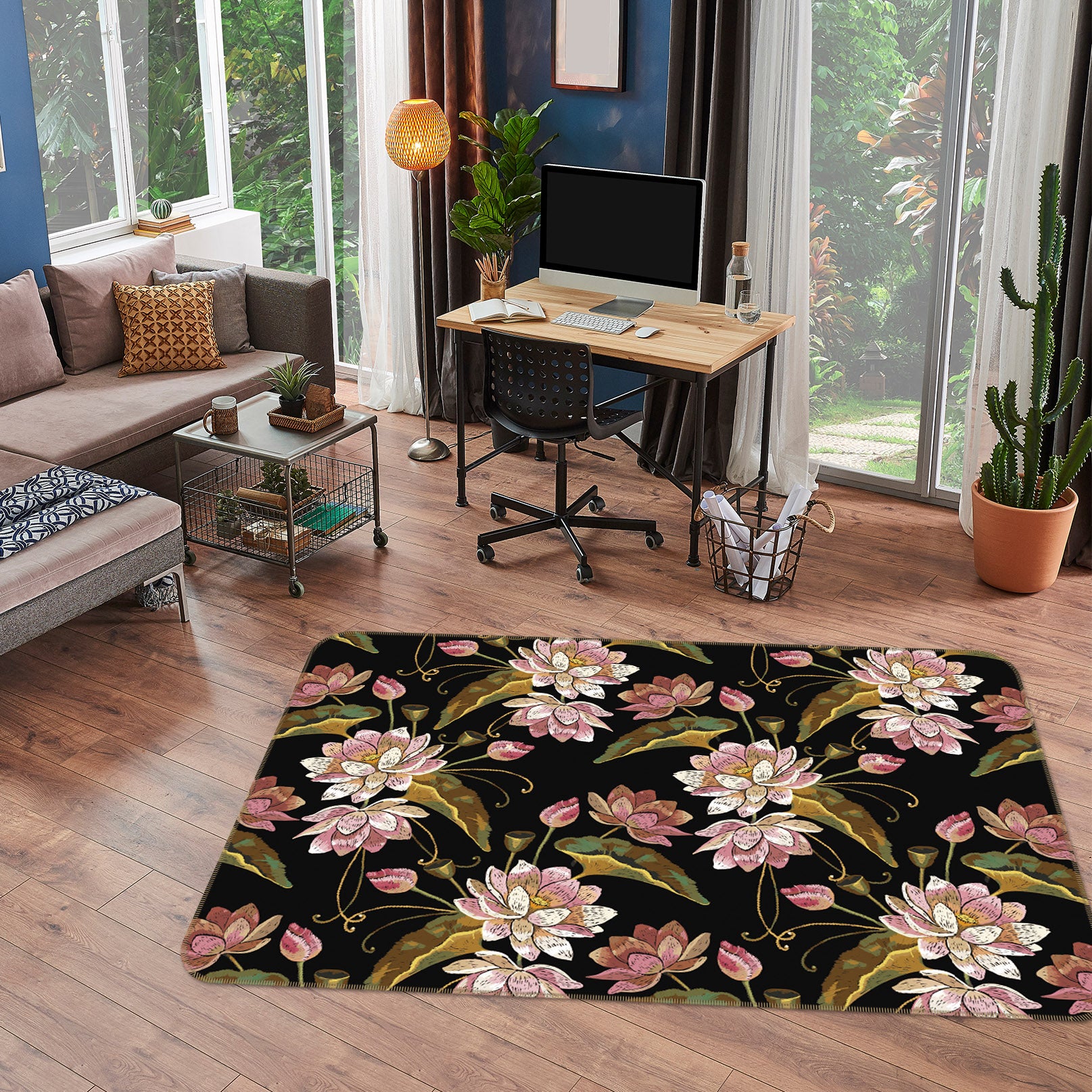 3D Lotus On Black 25224 Non Slip Rug Mat