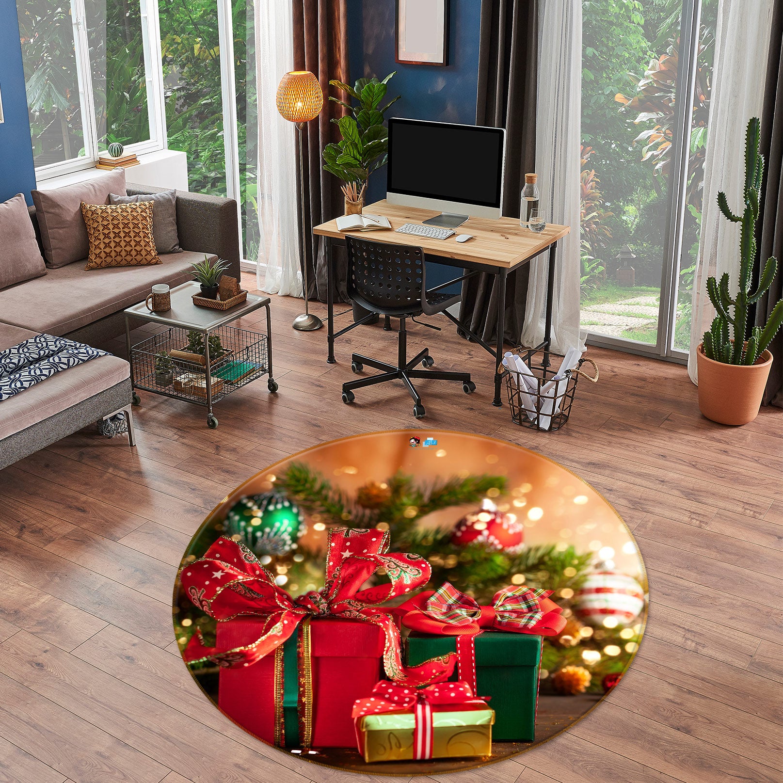 3D Gift Box 54086 Christmas Round Non Slip Rug Mat Xmas
