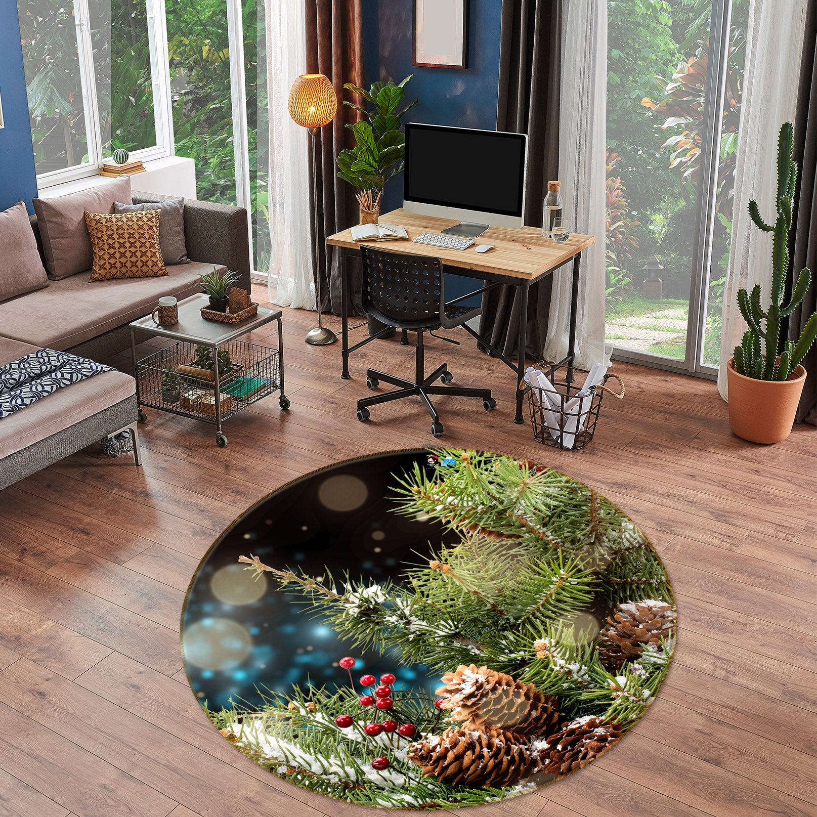 3D Branches Pineta 54196 Christmas Round Non Slip Rug Mat Xmas