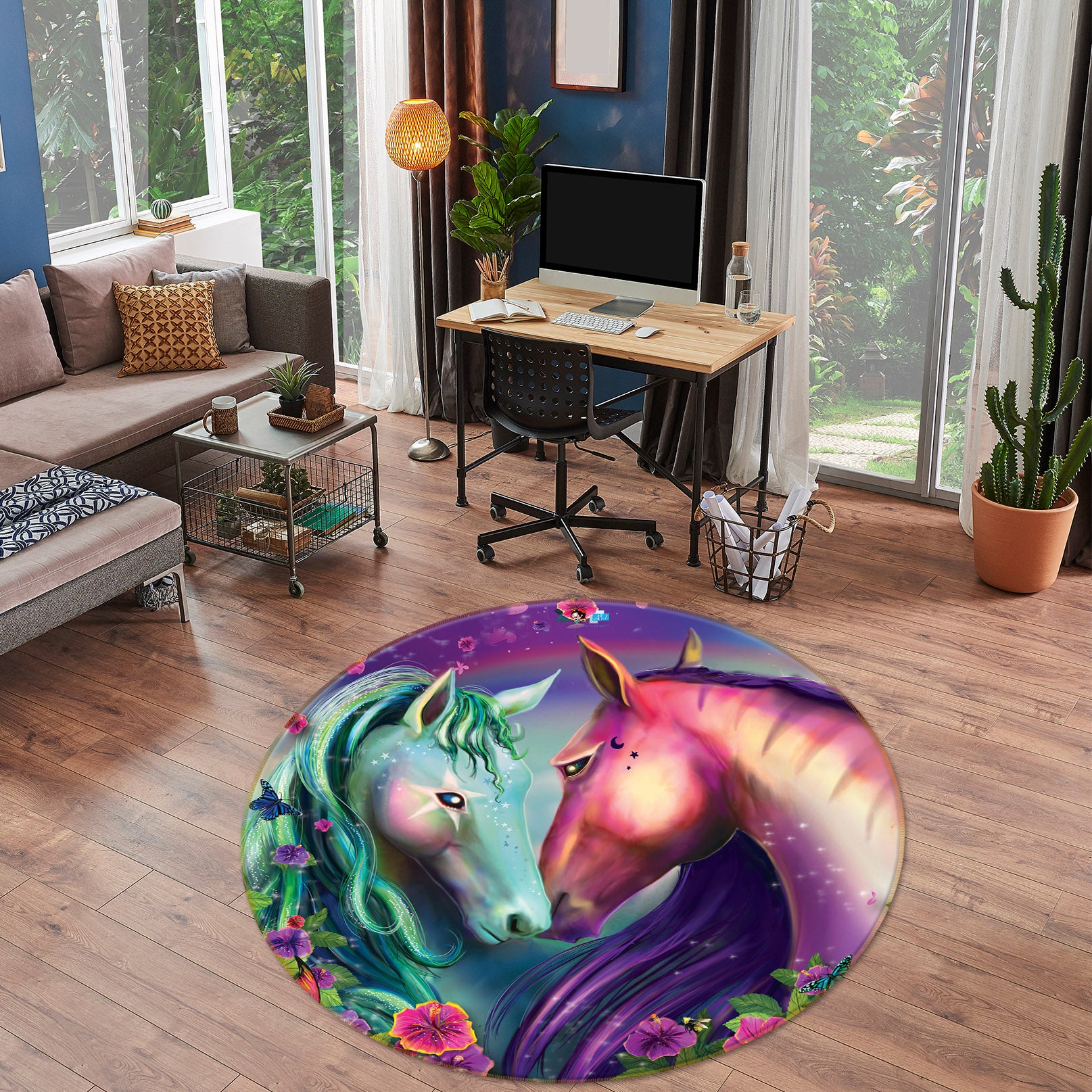 3D Flowers Red Green Horse 83179 Rose Catherine Khan Rug Round Non Slip Rug Mat