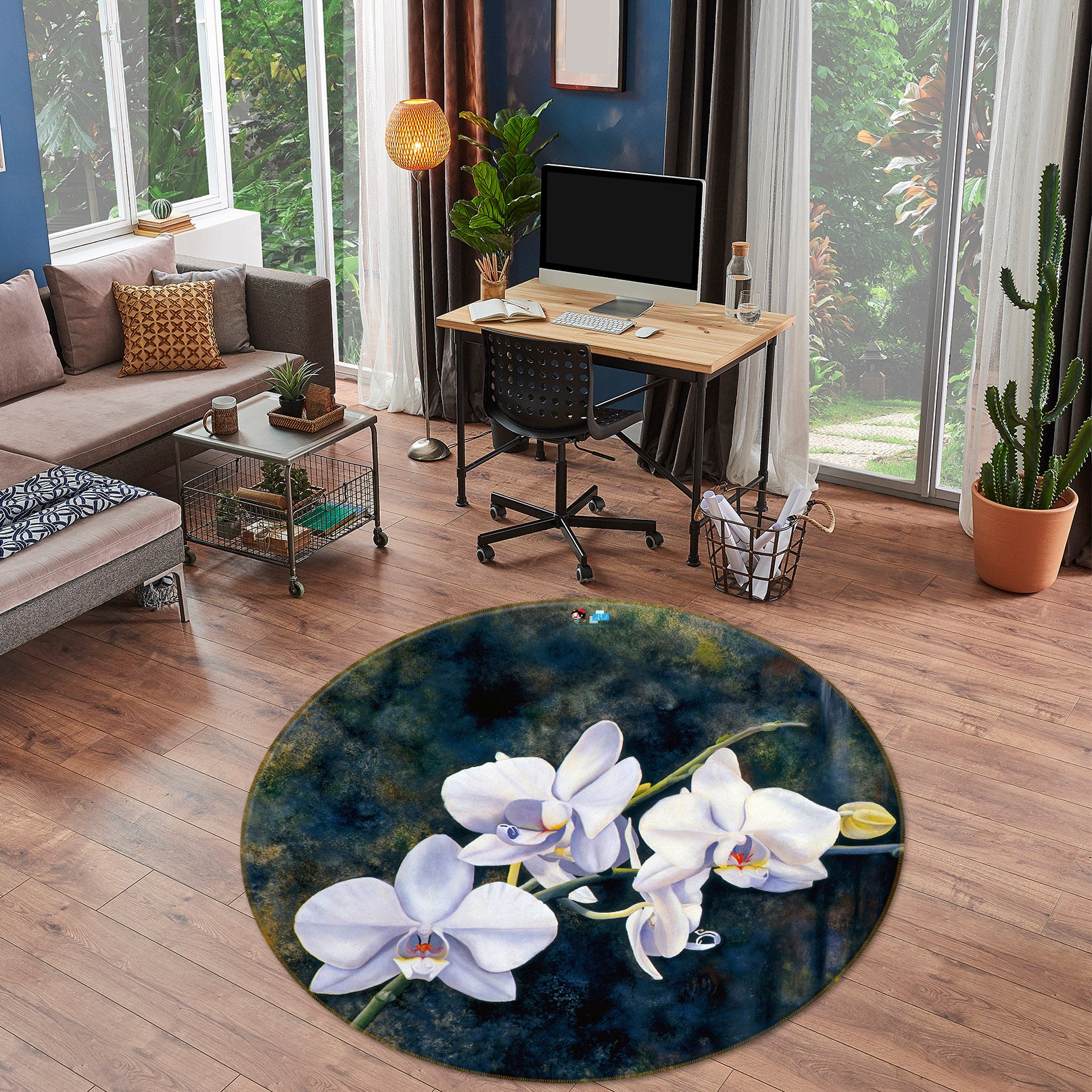 3D White Flowers 11091 Matthew Holden Bates Rug Round Non Slip Rug Mat