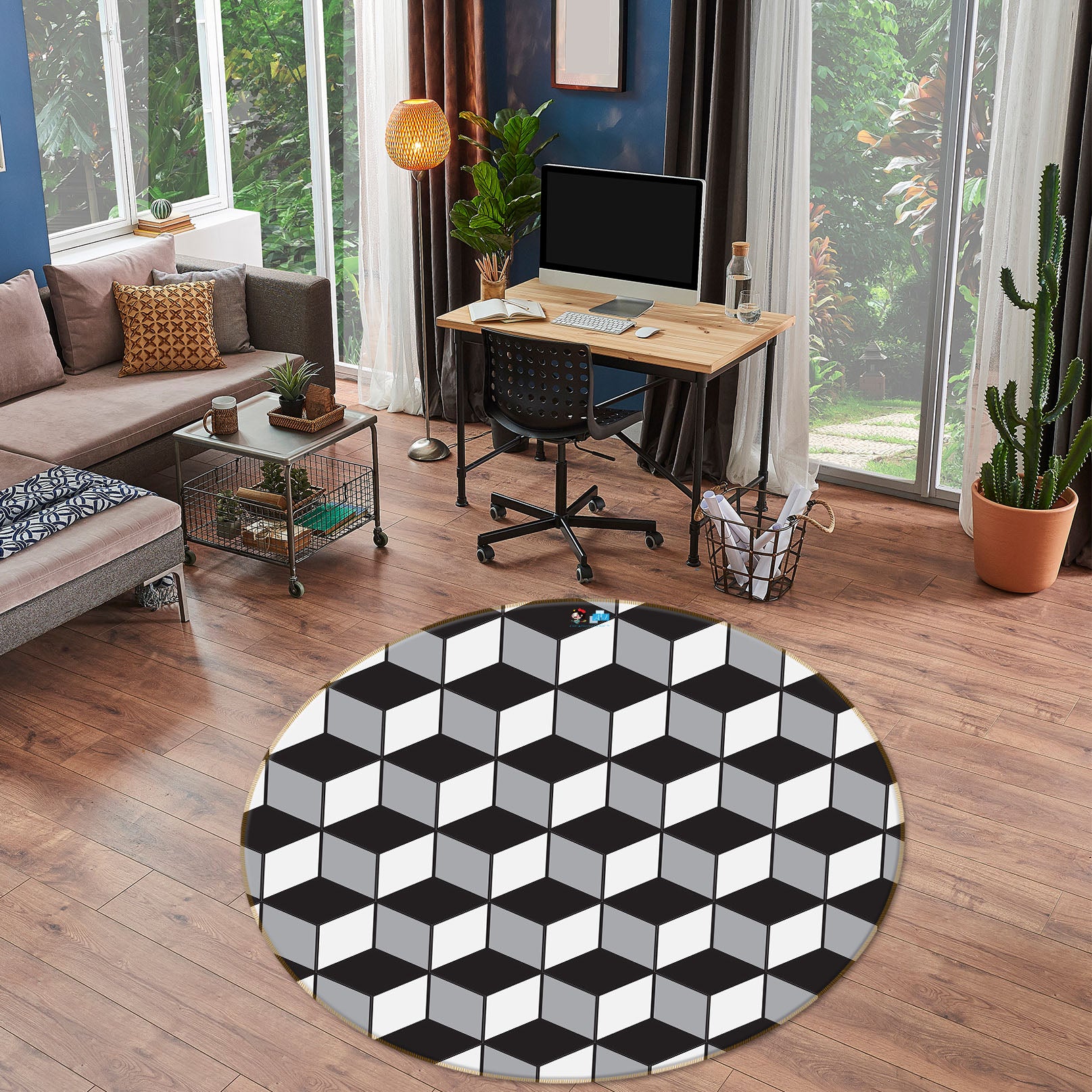 3D Black White Cube 74161 Round Non Slip Rug Mat