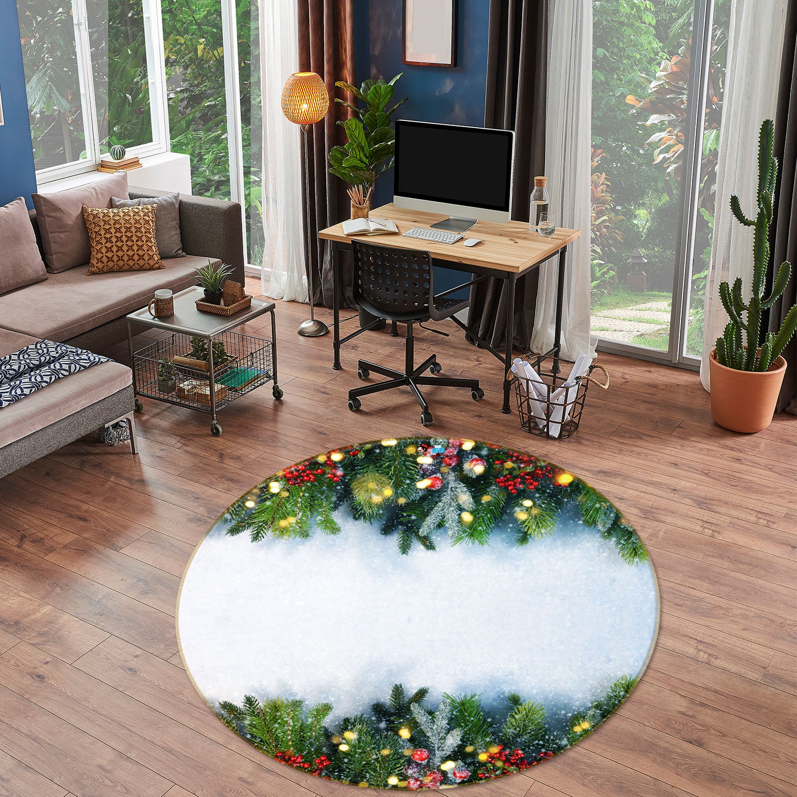 3D Branches 54162 Christmas Round Non Slip Rug Mat Xmas
