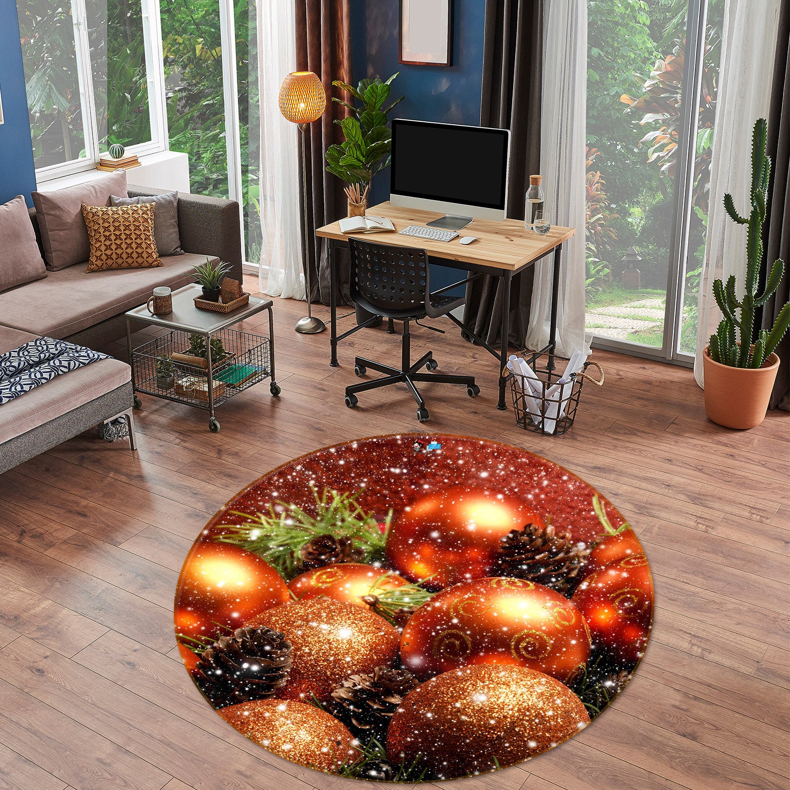 3D Golden Ball 54122 Christmas Round Non Slip Rug Mat Xmas