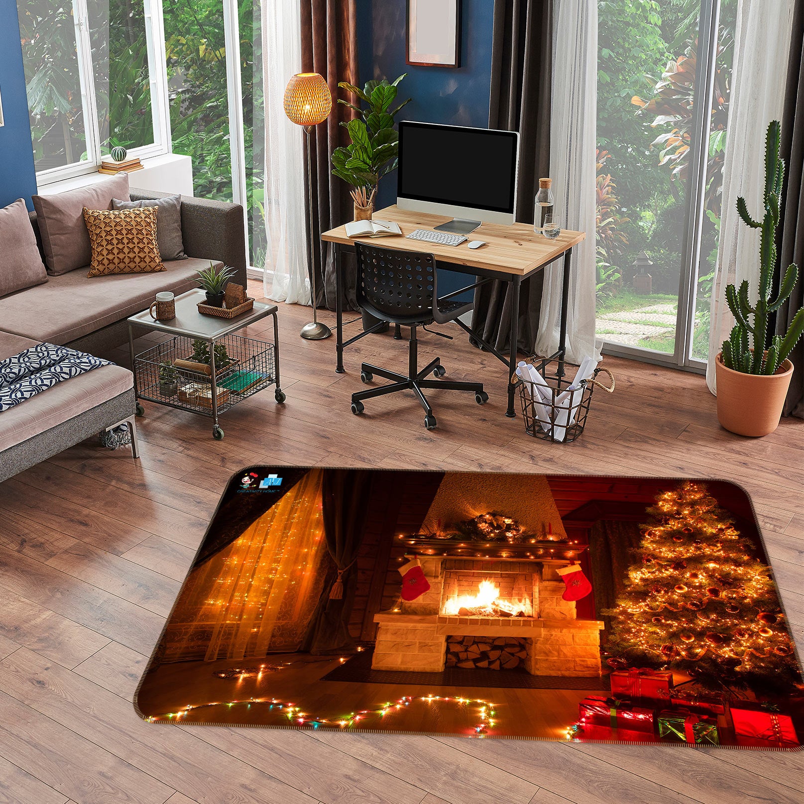 3D Fireplace Lights 55016 Christmas Non Slip Rug Mat Xmas