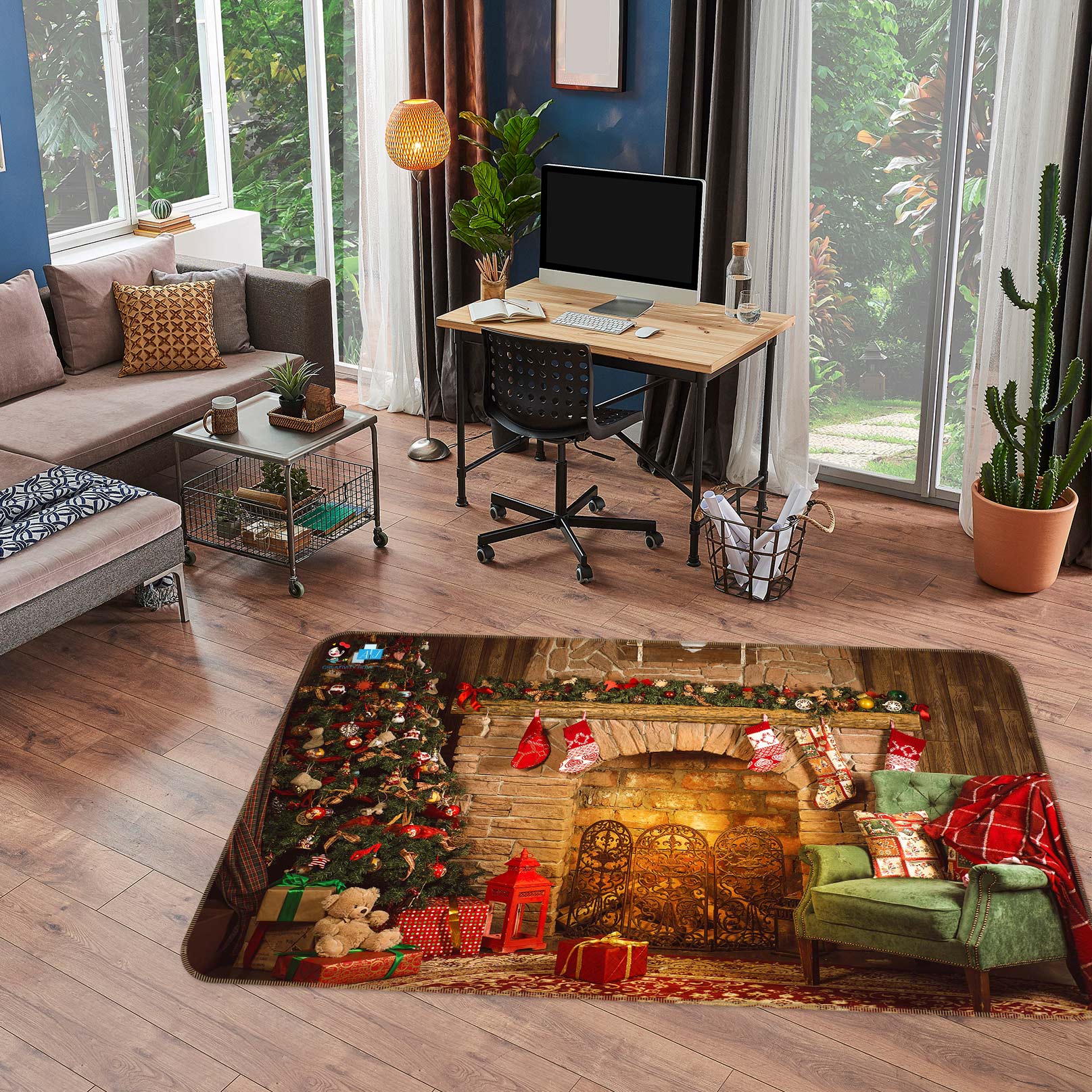 3D Fireplace Sofa 54235 Christmas Non Slip Rug Mat Xmas