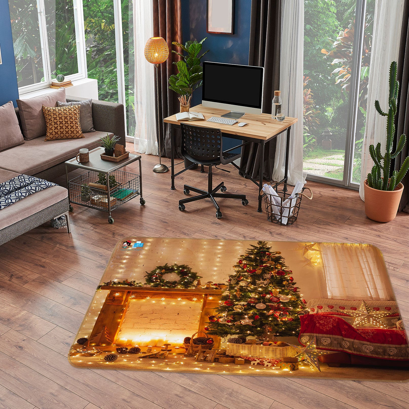 3D Fireplace Tree 55006 Christmas Non Slip Rug Mat Xmas