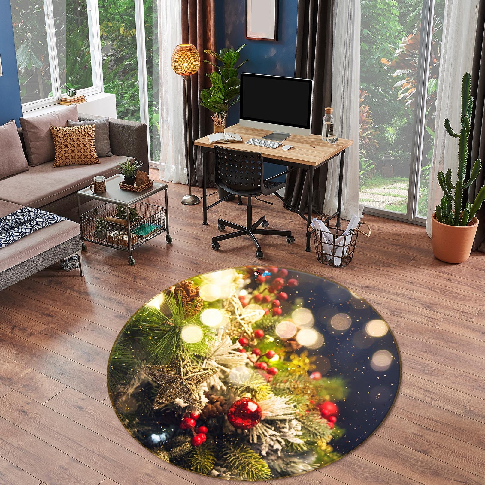 3D Tree Pendant 54193 Christmas Round Non Slip Rug Mat Xmas